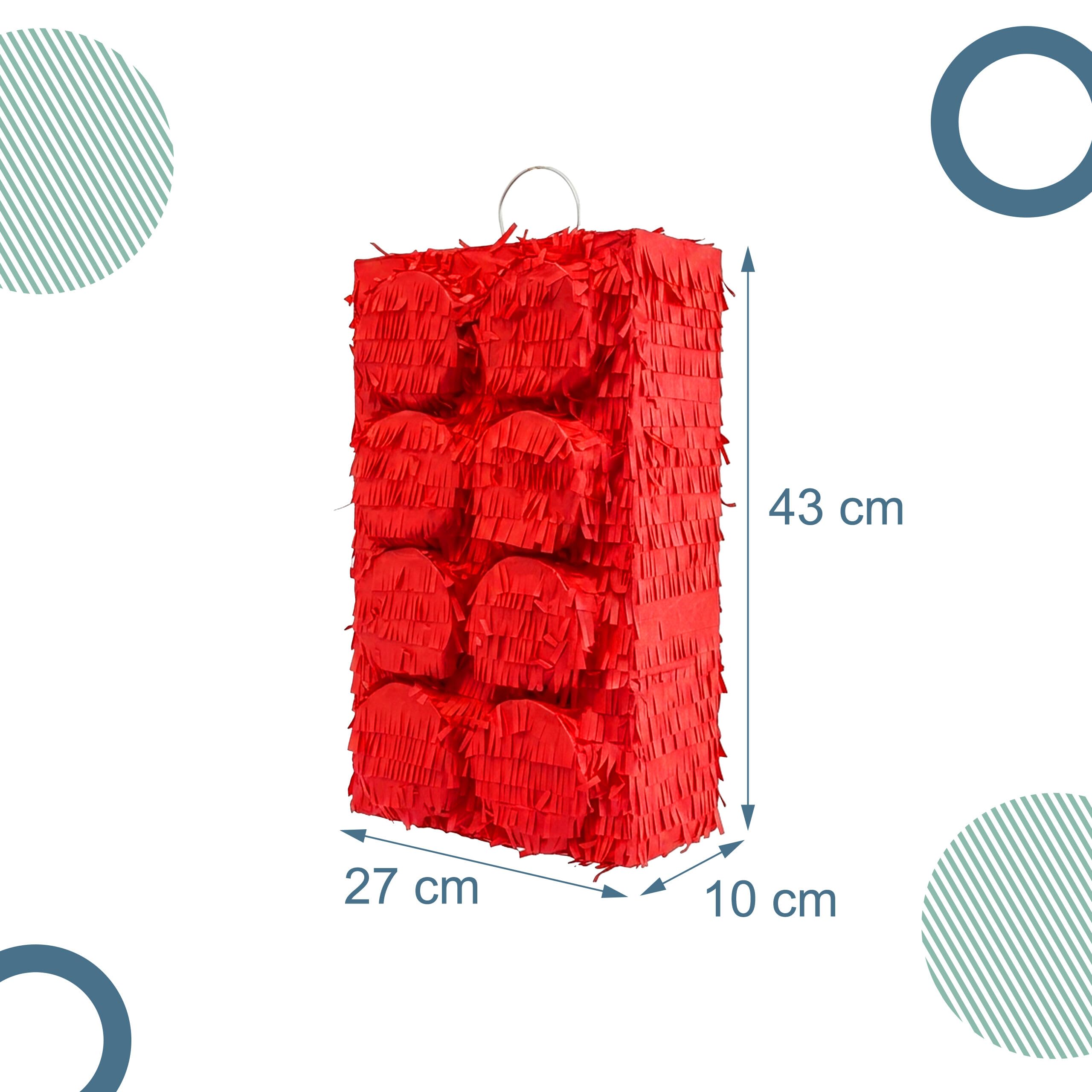 Relaxdays Pinata klocki z prętem i maską, Partypinata dla dzieci, urodziny, do napełniania, blok, wys. x gł.: 43 x 27 x 10 cm, czerwony