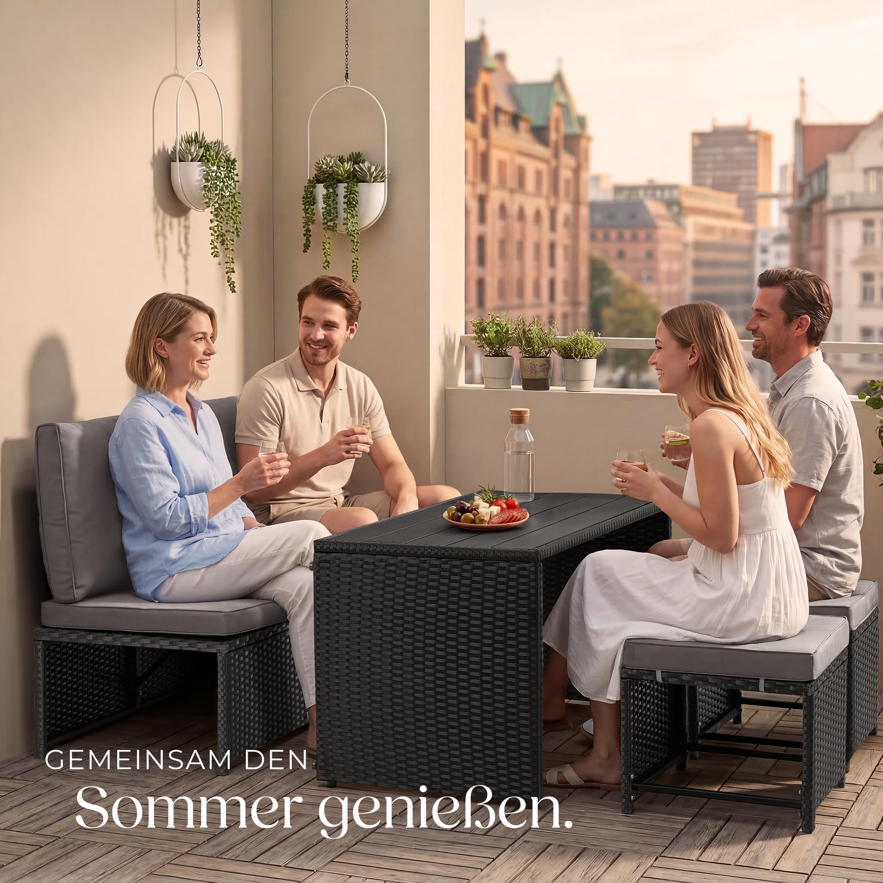 tectake® 2in1 Rattanlounge für 4 Personen, Set mit Tisch mit Schraubfüßen, Tischoberfläche in Holzoptik, Polyrattan Gartenmöbel, als Gartensofa oder Sitzgruppe, Terrassenmöbel, Lounge - schwarz