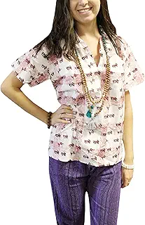 Mogul Interior Womens Yoga Tunic White Blouse Radhe Print Top Gypsy Chic Kurta SM