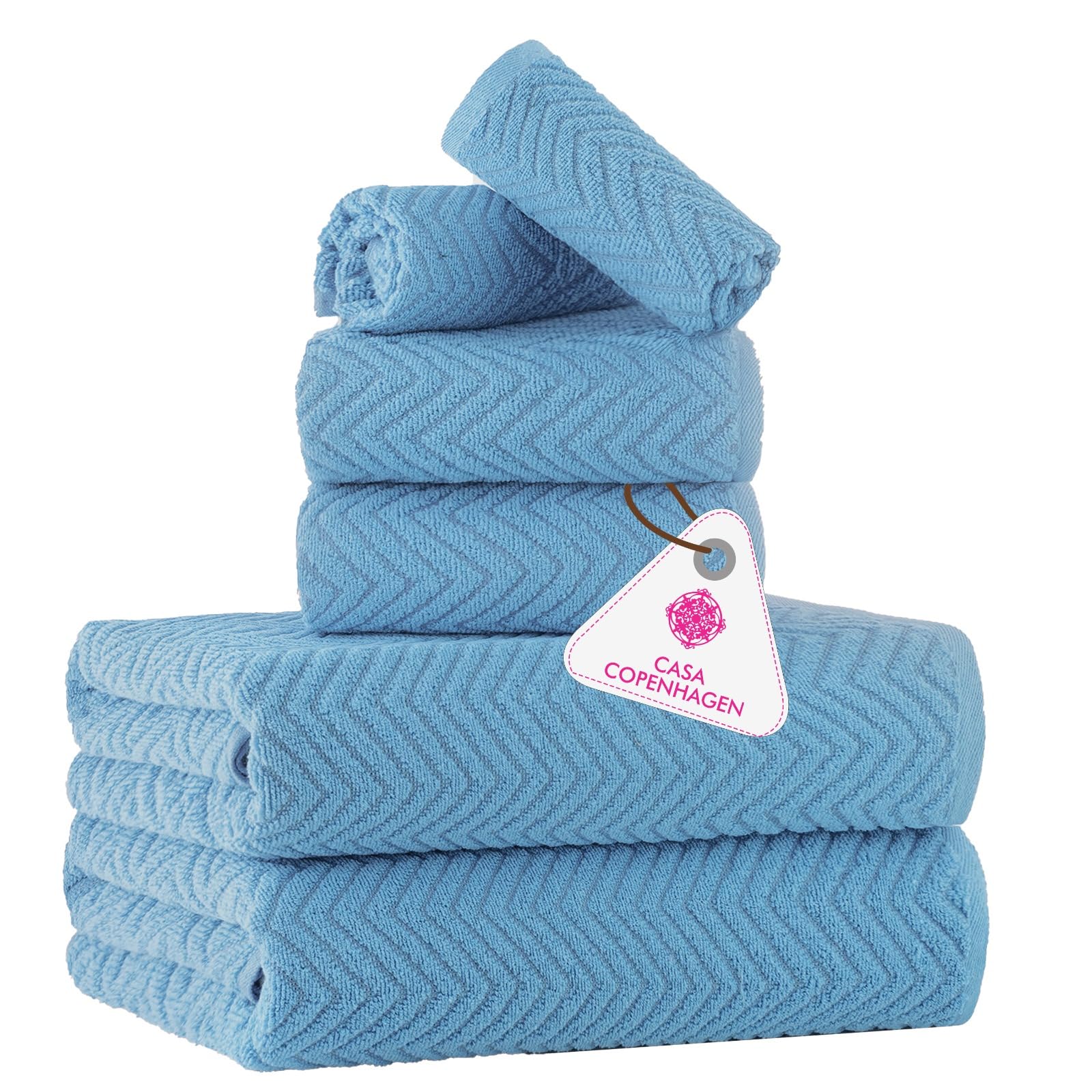 CASA COPENHAGEN Wave Textured 6 Pieces Towel Set- Dusty Blue, 550 GSM 2 Bath Towel 2 Hand Towel 2 Washcloth, Rough & Tough Use Cotton Towels Gift Set