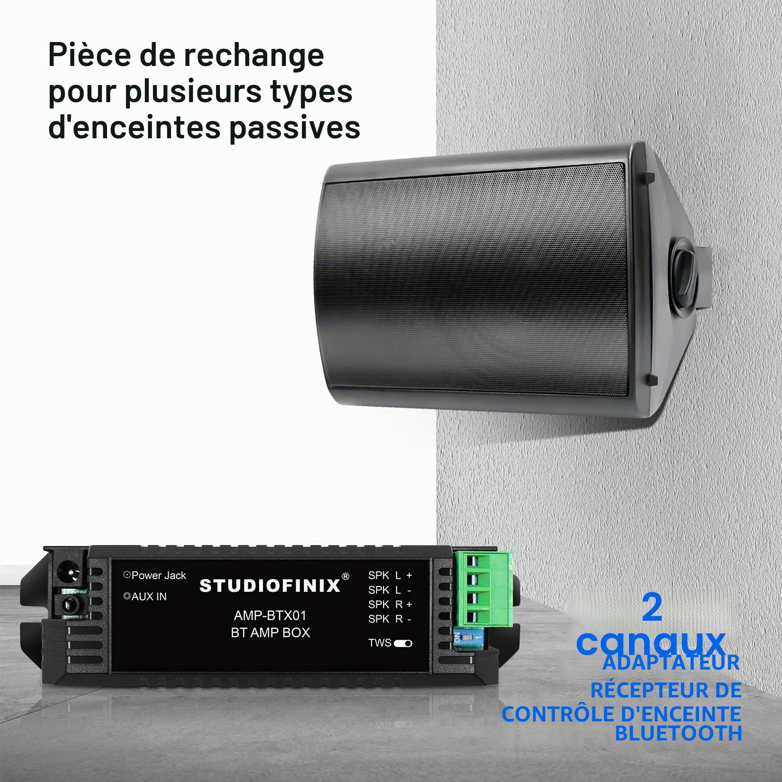 STUODIOFINIX Mini amplificateur Bluetooth 2 canaux pour haut-parleurs passifs avec TWS, AUX, pièce de rechange, adapté aux haut-parleurs muraux/plafond/marine/bibliothèque