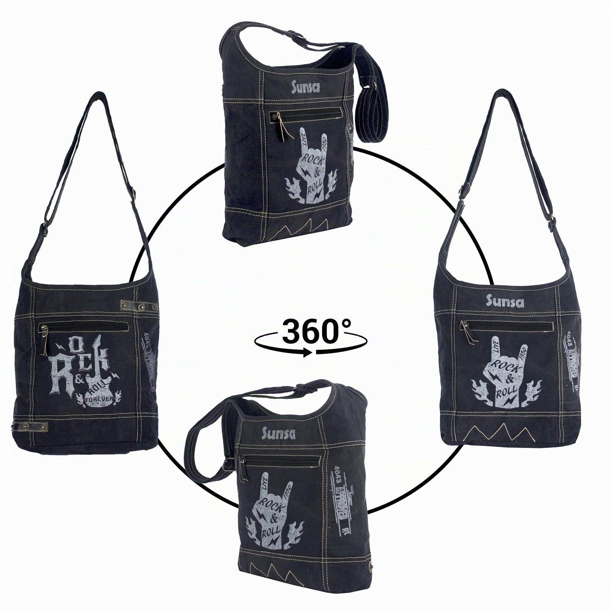 Sunsa Damen Hobo Tasche/Umhängetasche, aus Canvas. Nachhaltige Produkte, Groß Stoff Crossbody Bag, schwarze Schultertasche mit ROCK druck, Geschenkideen für Frauen/Mädchen