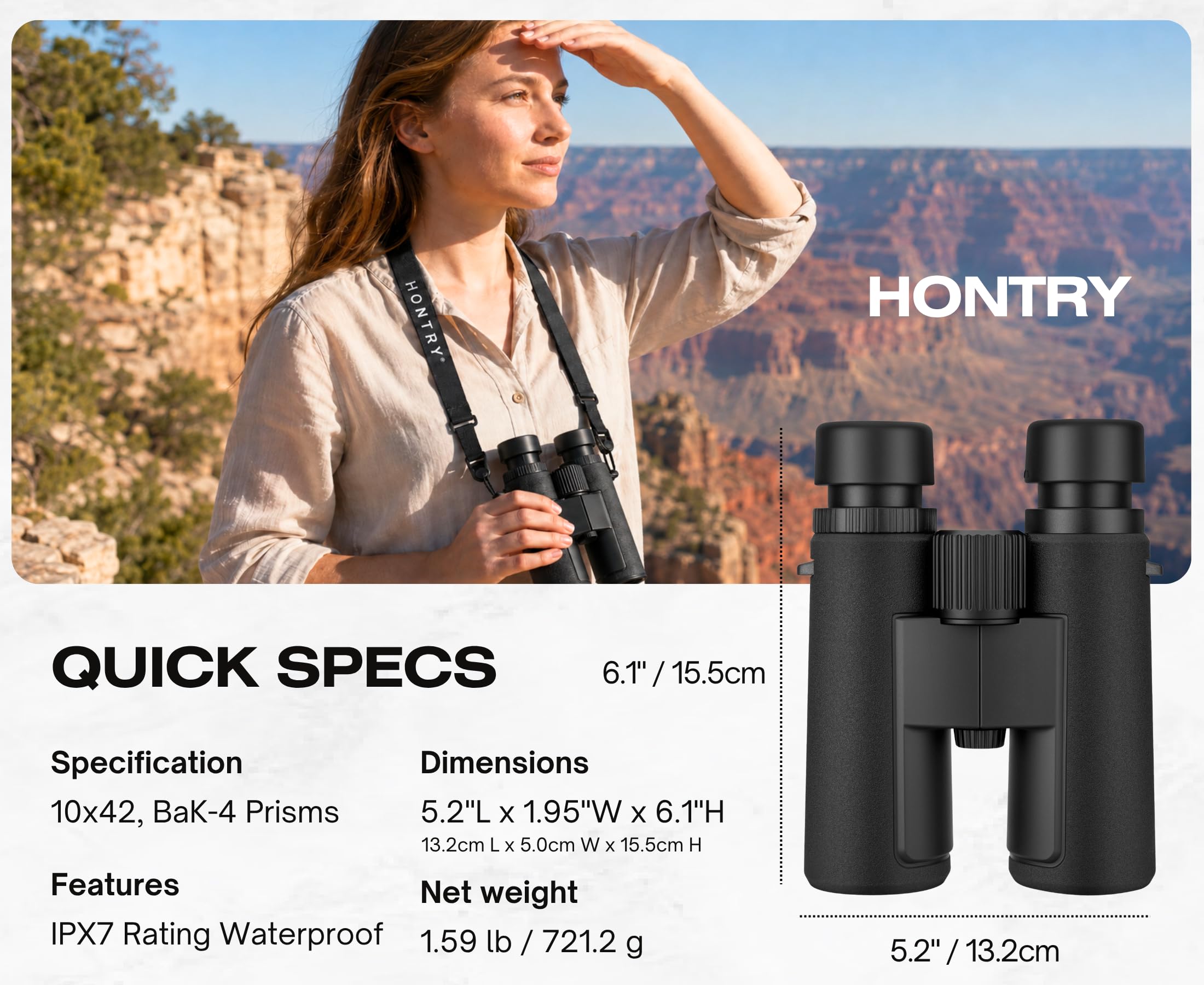 Hontry 10x42 Jumelles Adultes Puissante, IPX7 Étanche et Antibuée pour Observation des Oiseaux Concert Théâtre Voyage Safari Randonnée Chasse (Noir)