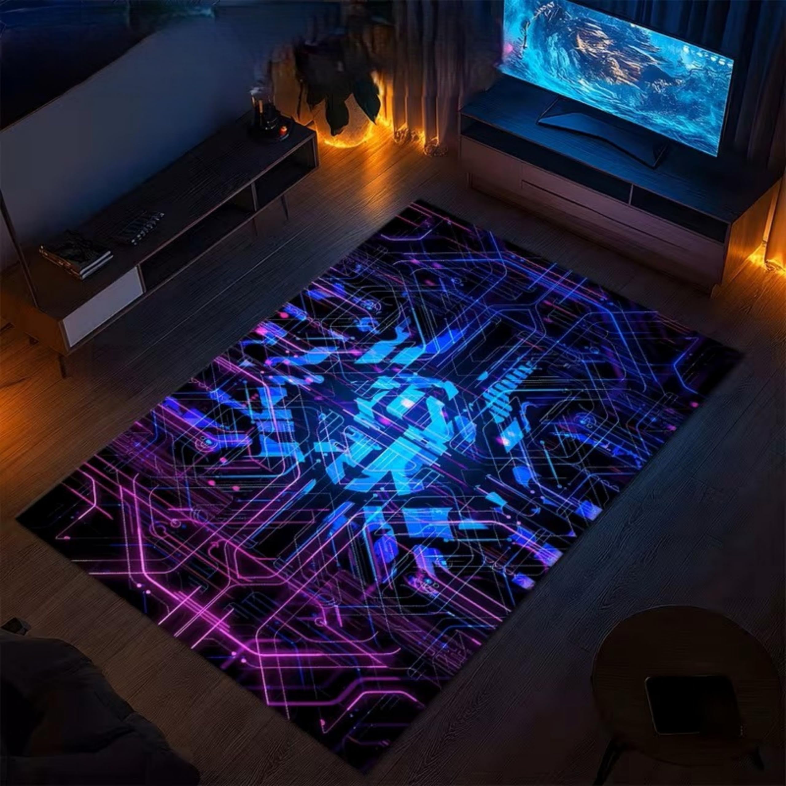 SOJAWA Electronic Texture Rug 150x230cm Blue Purple Neon Technology Line Pattern, Futuristic Sci-Fi Style Carpet, Non-Slip Mat for Living Room, Bedroom, and Game Room, Washable, Soft Durable.