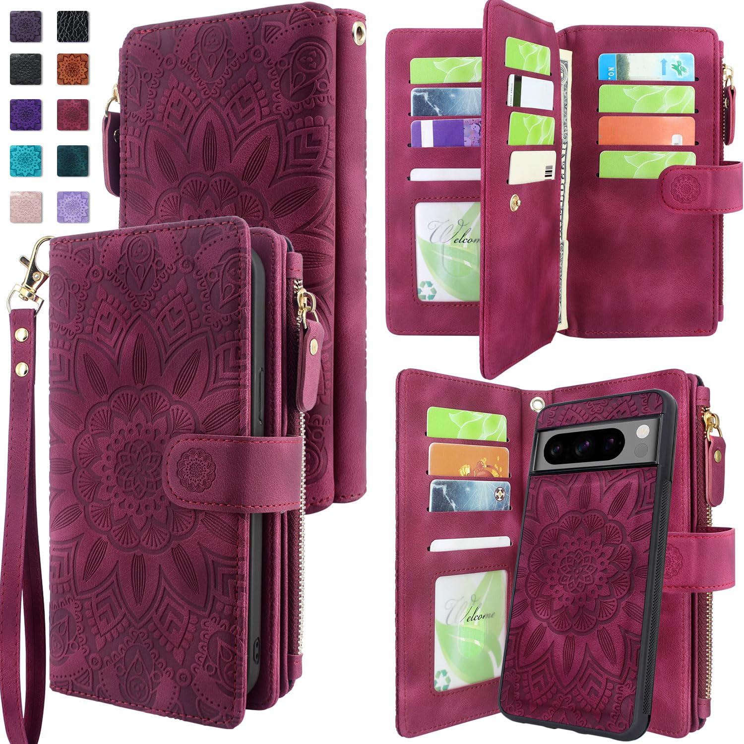 Harryshell Compatible with Google Pixel 8 Pro Case Wallet Detachable Magnetic Cover Leather Case Cover with Cash Coin Zipper Pocket 12 Card Slots Holder Wrist Strap Lanyard (Flower Wine Red)