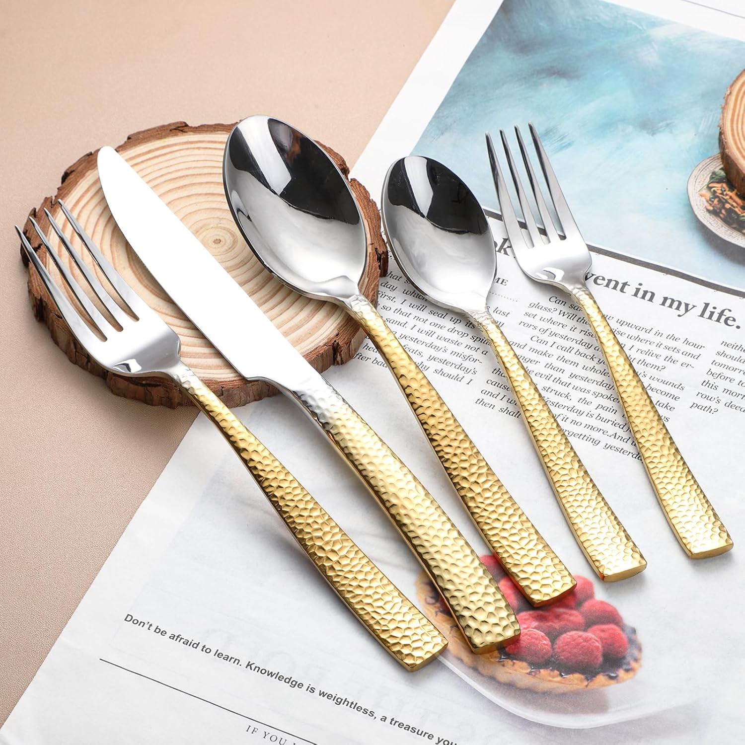 Hammered Silverware Set For 4,Forks and Spoons 18/10 Stainless Steel Heavy Duty Silverware Gold Cutlery Set 20 Piece Flatware Set,Mirror Polished,Dishwasher Safe (20 pcs gold)