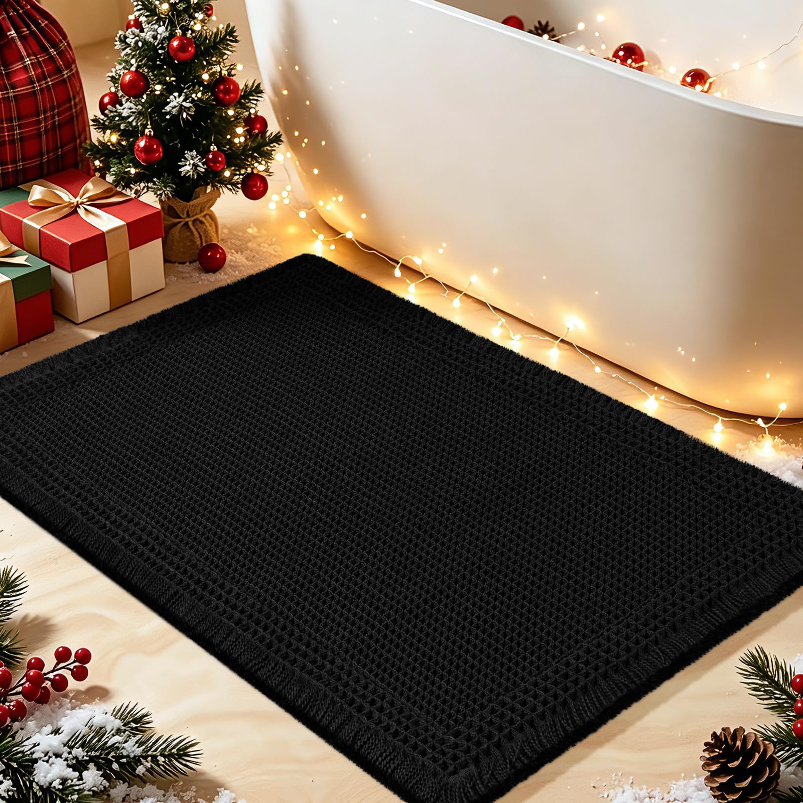 Upgrade Waffle Bath Mat, Boho Bathroom Rugs Absorbent Non Slip, Ultra Soft Bathroom Mat, Machine Washable Knit Bath Rugs with Border for Bathroom, Bedroom, Kitchen, Shower, Tub, 32"x20", Black
