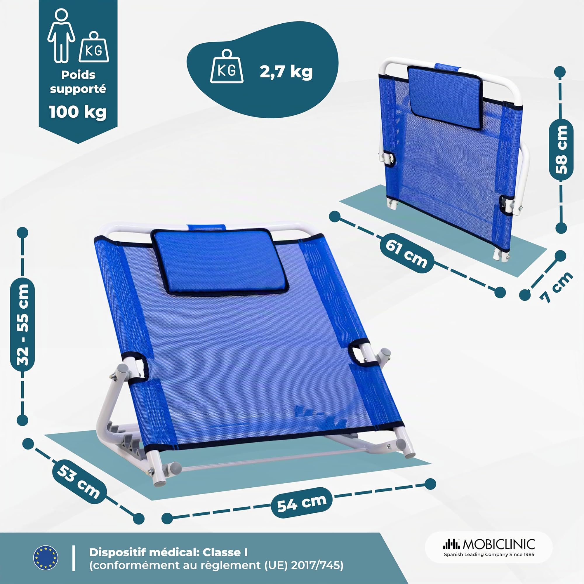 Mobiclinic®, Dossier Réglable, 5 Niveaux D'inclinaison, Coussin Rembourré, Tissu Respirant, Pliable et Portable, Ergonomique, Idéal pour Le Lit, la Lecture, Les Repas, Patria