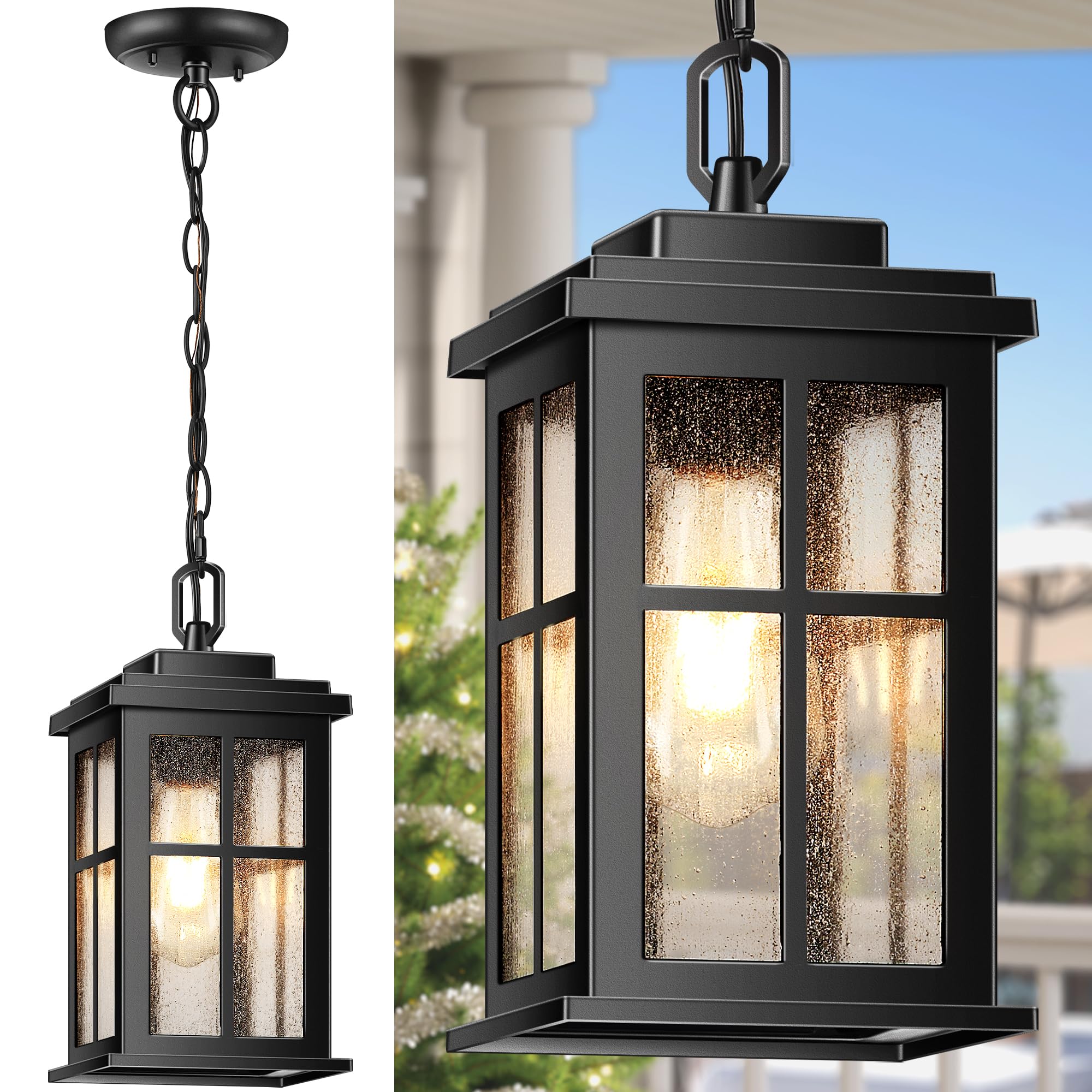 VIANIS Outdoor Pendant Lights for Porch, Matte Black Outdoor Hanging Lights with Adjustable Chain, Modern Waterproof Outside Chandelier for Front Door