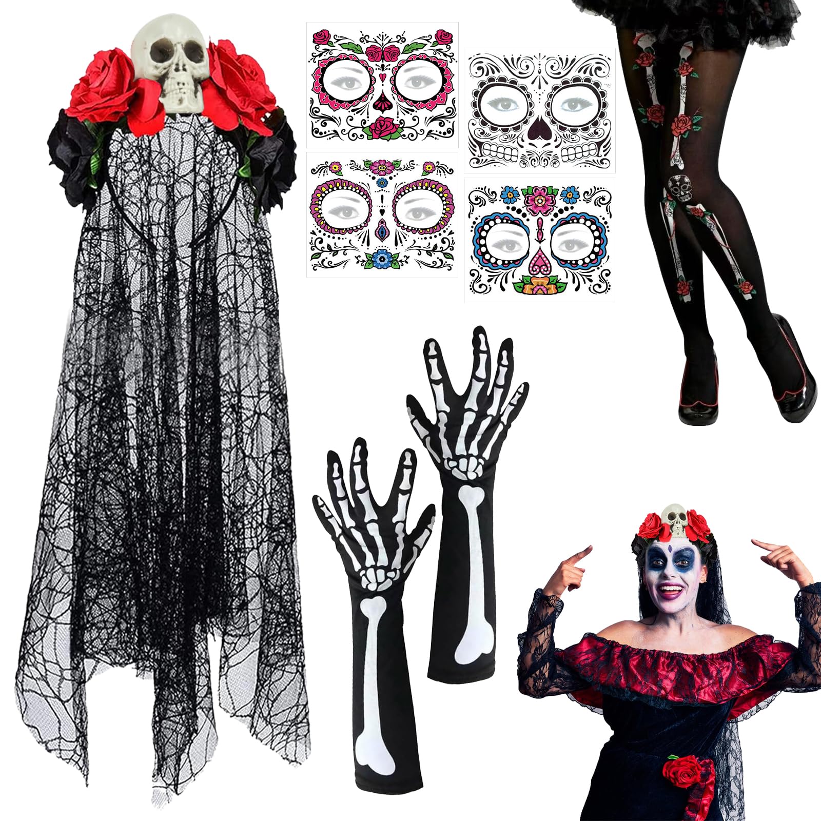 XLZJYIJ Cerchietto Dia de Los Muertos e Halloween - Tatuaggi Viso, Guanti in Pizzo, Fiori Artificiali per Cosplay Copricapo Giorno dei Morti
