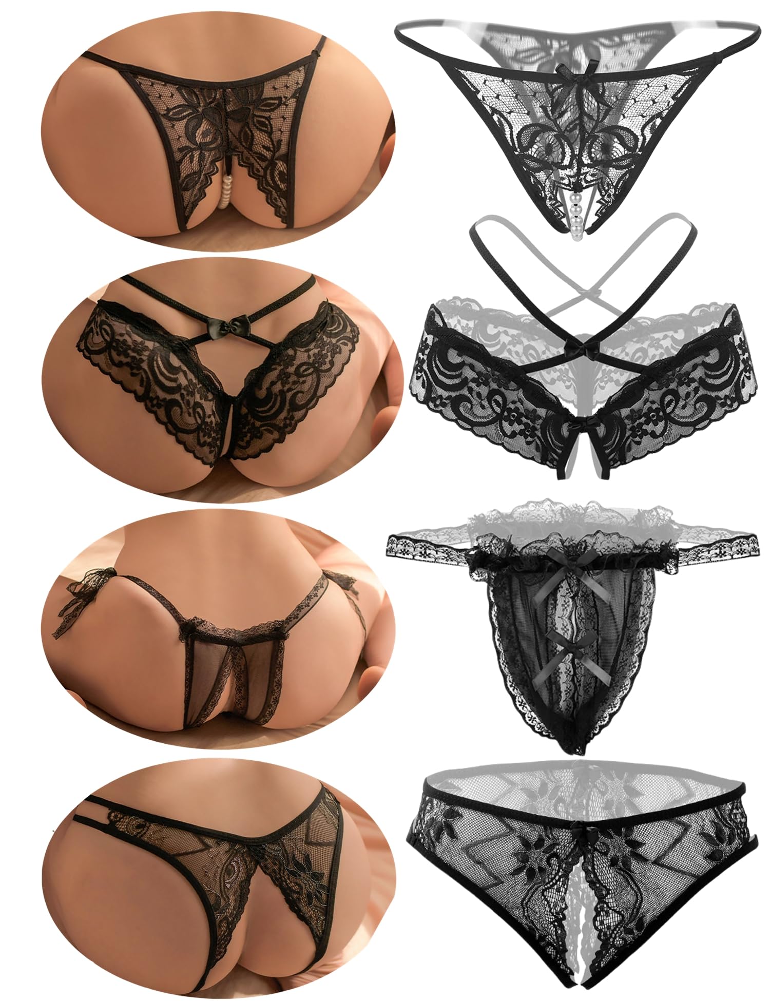 4er Pack Damen String Ouvert für Frauen, Niedrige Taille Spitzen Unterwäsche Frauen Set, Tanga Damen Sexy Dessous Unterwäsche Mit Offenem Schritt, G-String V-String Höschen Reizwäsche Thongs
