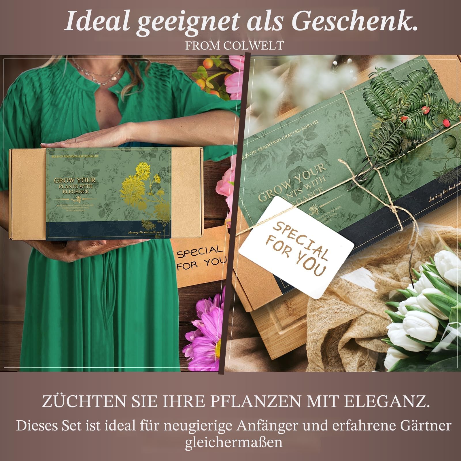 Colwelt Gartengeräte-Set, 8-teilig, Gartengeräte mit Holzgriff, einschließlich Gartentasche, Kniepolster, Handschuhe, Gartenschere, Kelle, Tulpenkelle, Grubber – Gartengeschenke für Damen und Herren