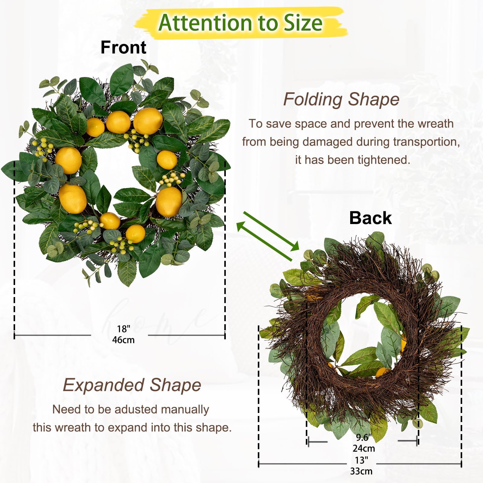 Corona de flores artificiales de 18 pulgadas/46 cm, corona decorativa de limón para puerta de entrada, decoración de pared de casa o decoración de Pascua primavera-verano, hogar, fiestas, puertas,