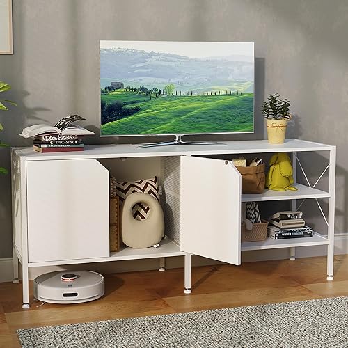 Miniatura 4 de JOINHOM Soporte de TV blanco con almacenamiento, soportes de televisión para sala de estar, mesa de TV de 50 pulgadas para TV de 32, 40, 55, 65