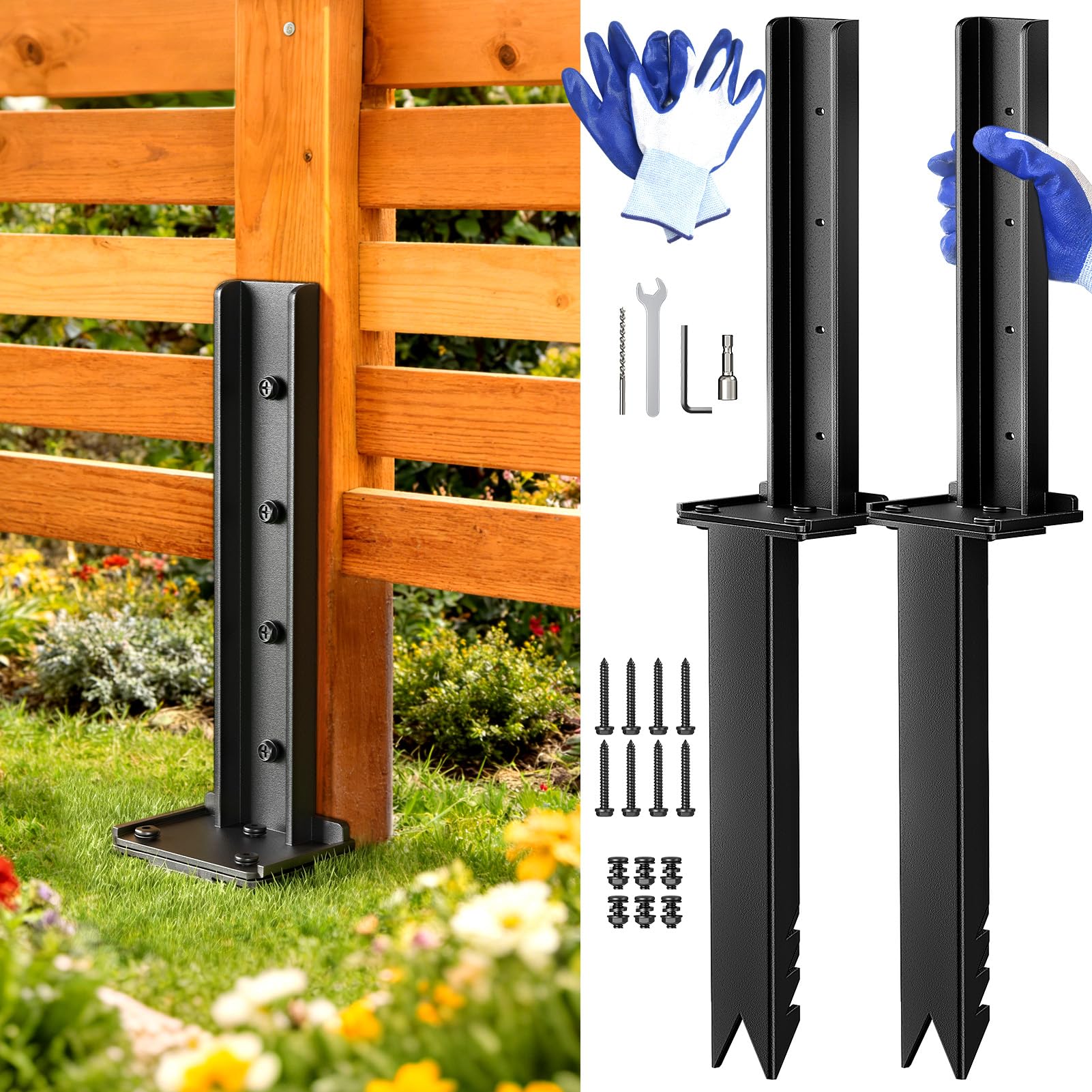 Photo 1 of Goovilla Fence Post Repair Kit, 2Pcs Heavy Duty Fence Post Anchor Ground Stakes, Robust Quick-Fix Wood Support for Broken/Leaning/Tilted/Degraded Wood with Gloves/Installation, Easy to Install,Black