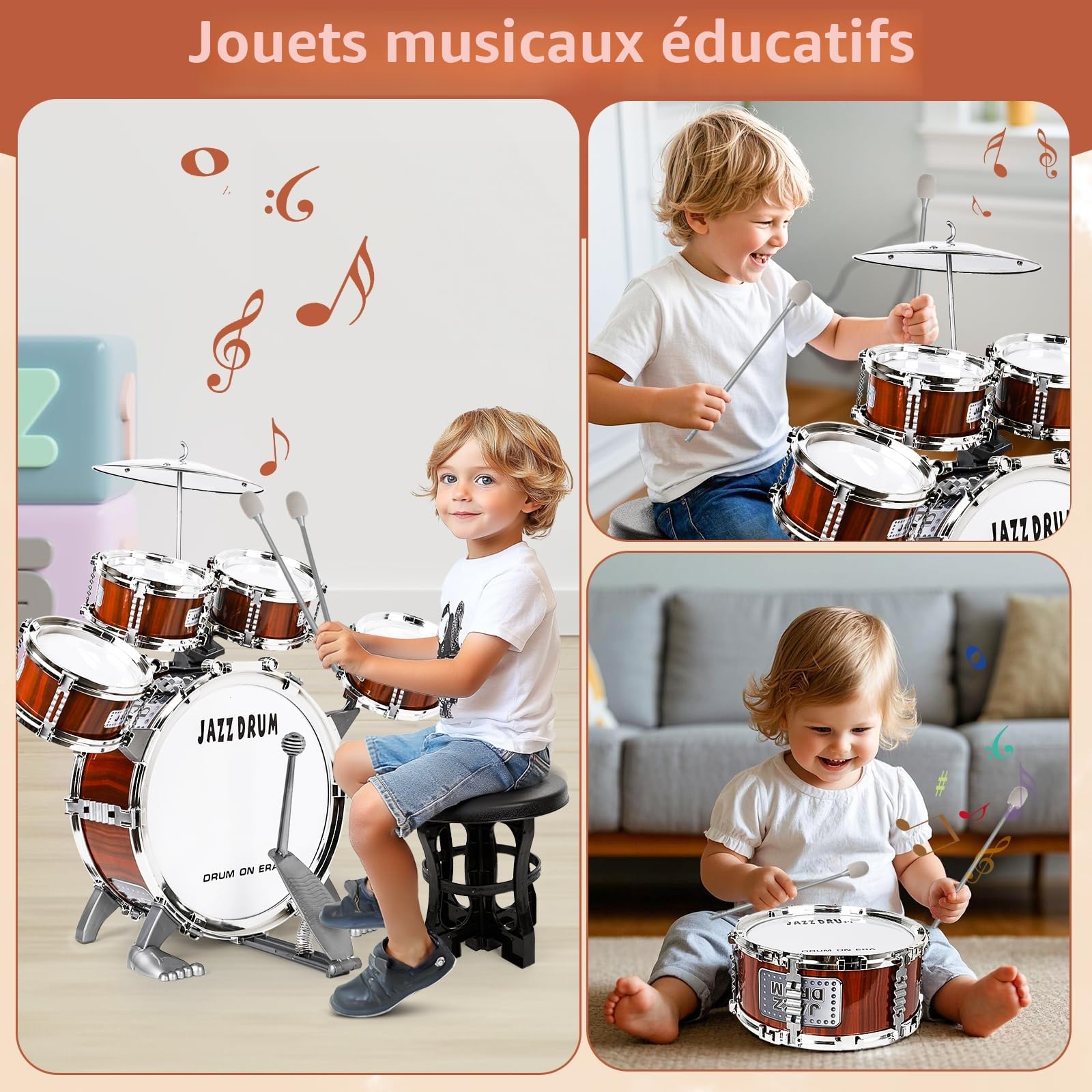 Batterie Enfant 5 Tambours avec Tabouret, Jazz Drum Instrument dès 3 Ans