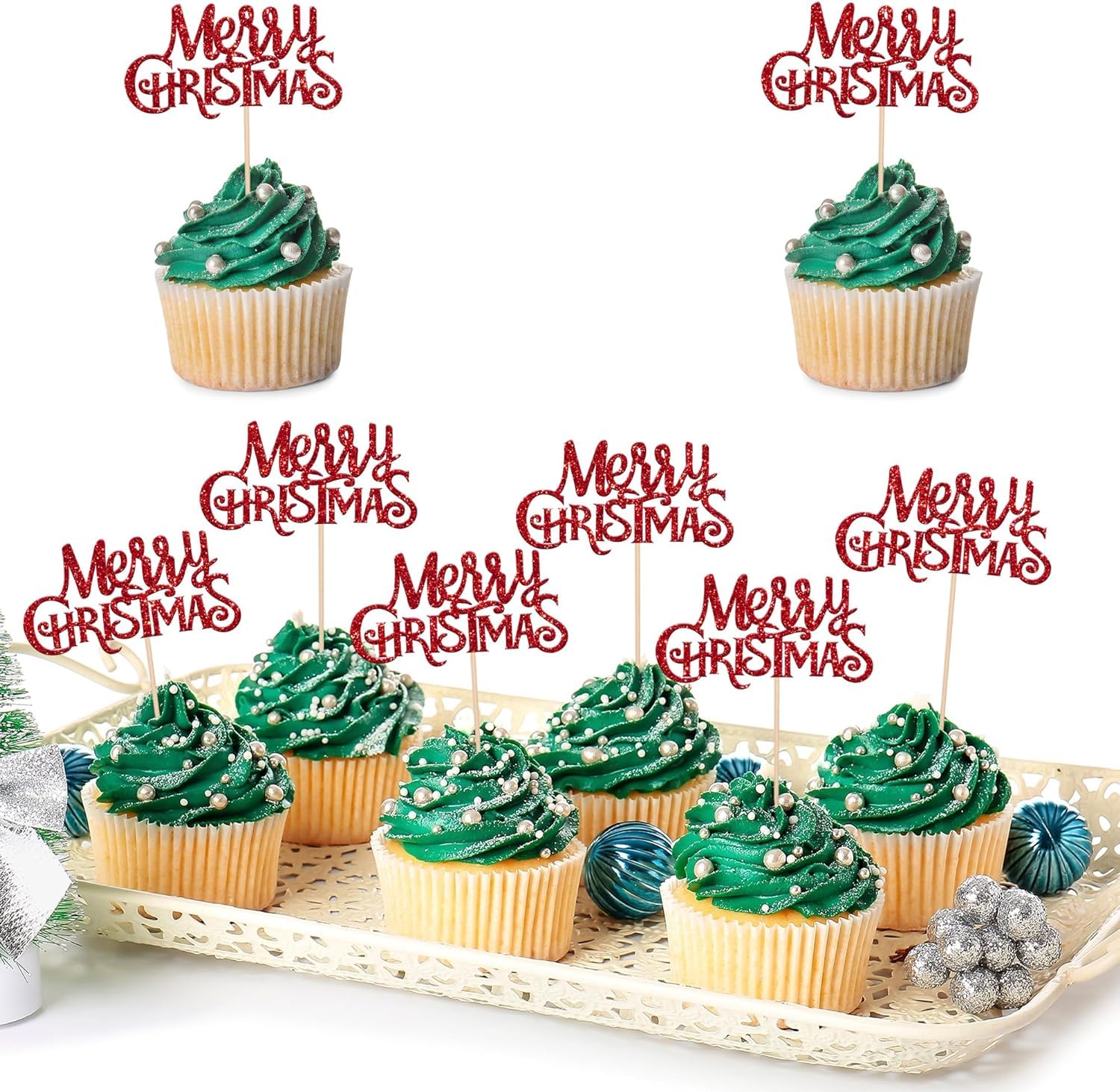 Pack of 24 Glitter Christmas Cupcake Toppers - Merry Xmas Cake Decorations Accessories - Red