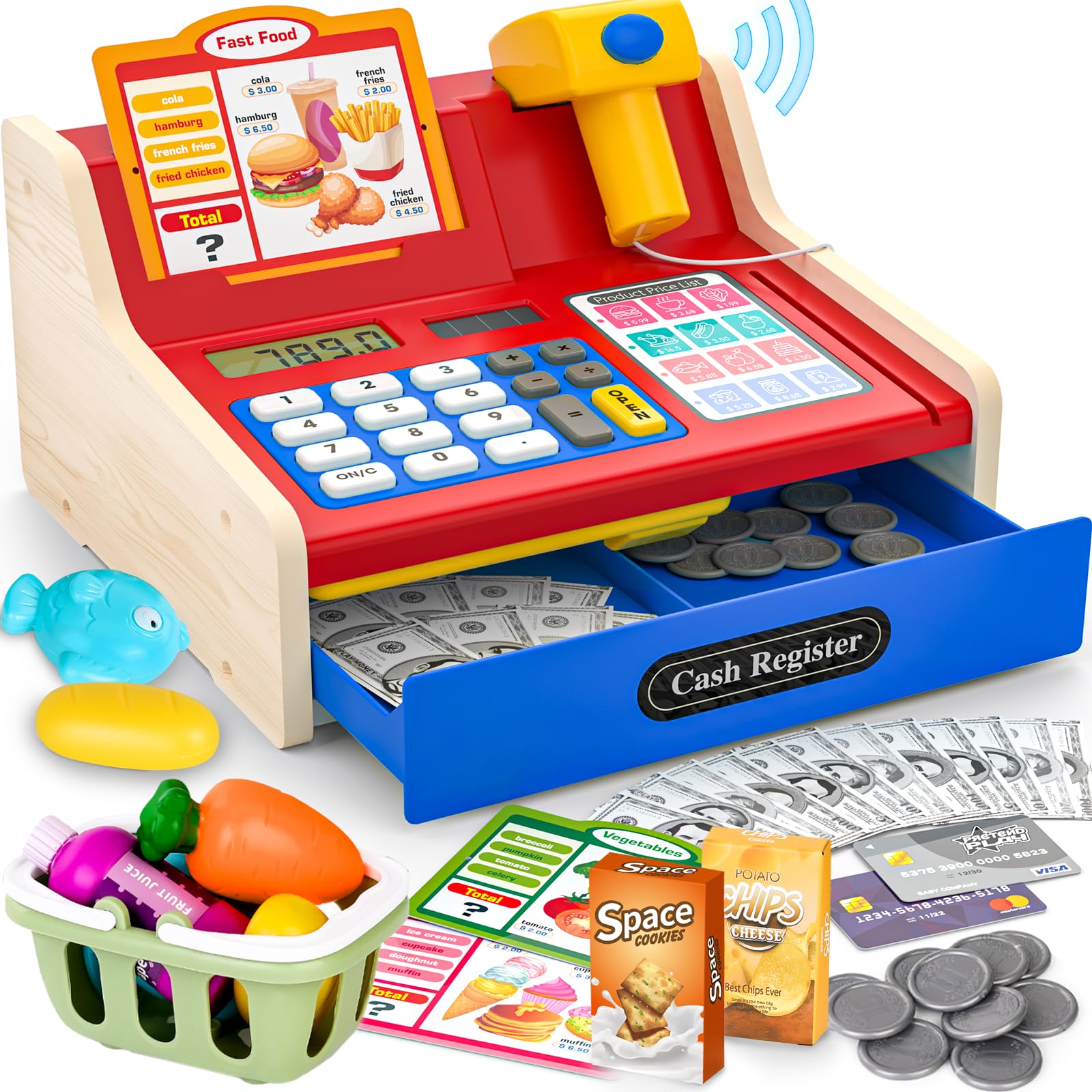 maysida Cash Register for Kids Age 3+, Wooden Till Cash Register with Scanner&Sounds, Pretend Play Toy Till with Toys Money/Coins/Credit Card/Shopping Basket/Pretend Food, Boys/Girls Brithday Gift Toy
