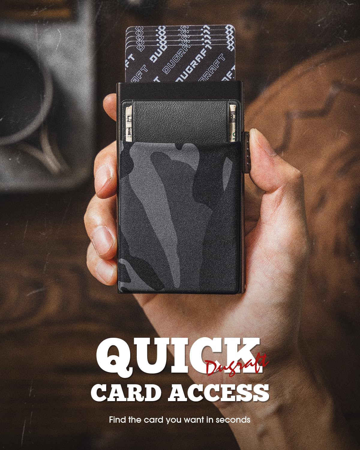 DUGRAFT Porta Carte con Tasca per Soldi, Minimalista da Uomo Sottile in Alluminio Metallo Pop-Up Portafoglio con Confezione Regalo, Contiene 5 Carte e Contanti