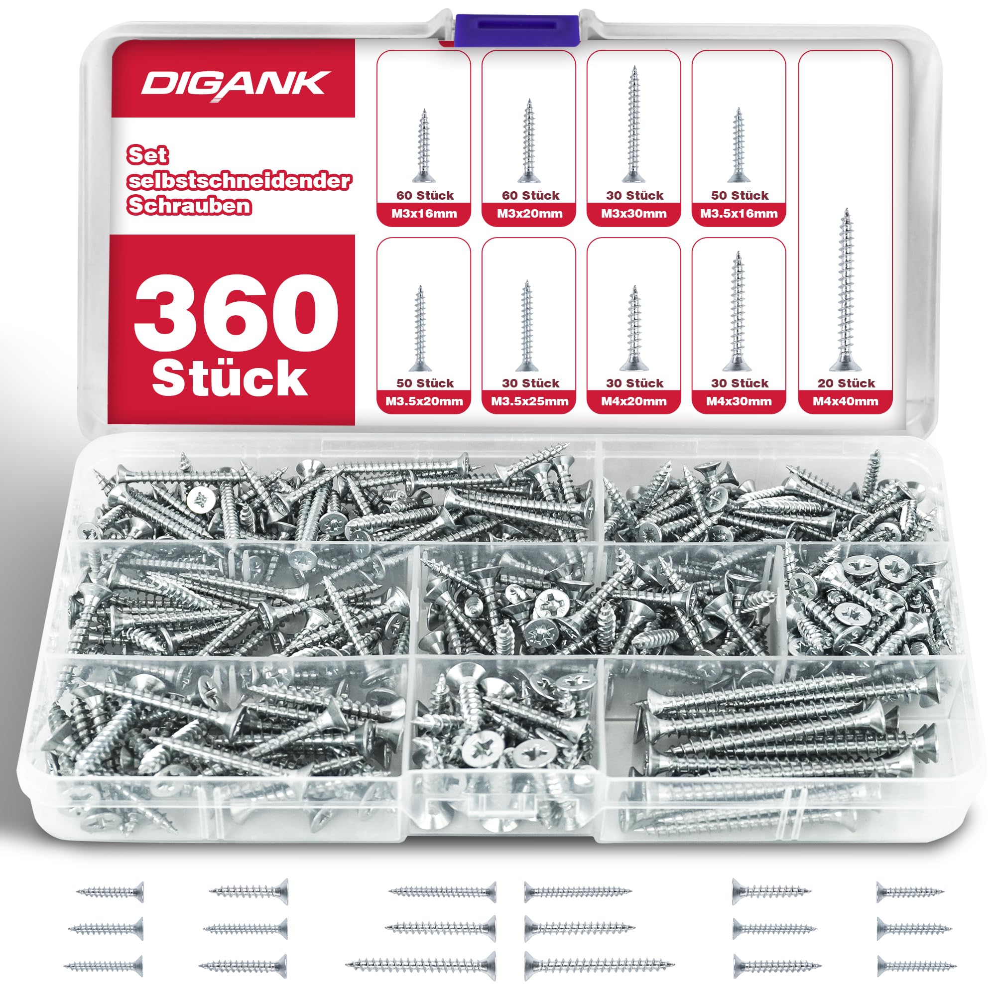 Schrauben Set, 360 Stück Holzschrauben, Selbstschneidende Schrauben mit Senkkopf, Holzschrauben Sortiment mit Aufbewahrungsbox (M3,M3.5,M4) für DIY-Projekt, Reparatur
