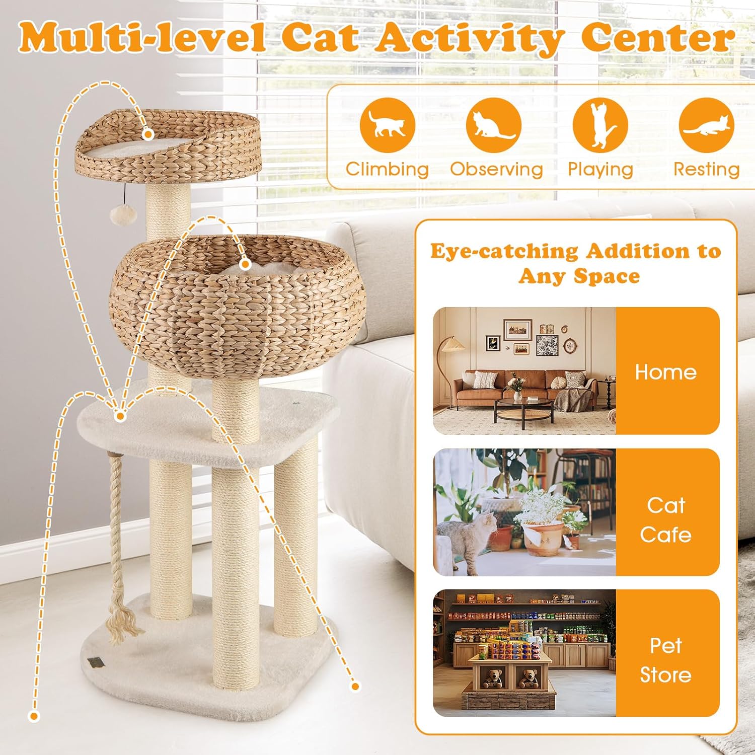 PETSITE 41 Inch Modern Cat Tree for Indoor Cats, Multi-Level Cute Cat Tree with Scratching Posts, Hand-Made Wicker Cat Condo & Top Perch, Dangling Ball, and Sisal Rope, Beige