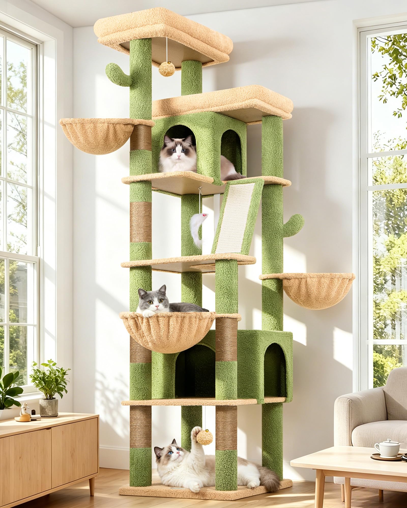 Globlazer Kratzbaum Kaktus Grün Große XXL 204 cm mit 2 Extragroße Gepolsterte Plattform 50*30CM, 2 Große Katzenhäuse, 3 Korb, Sisal Kratzbrett, Stabil Katzenbaum für 3-5 Groß Katzen Innen (S80G, Grün)