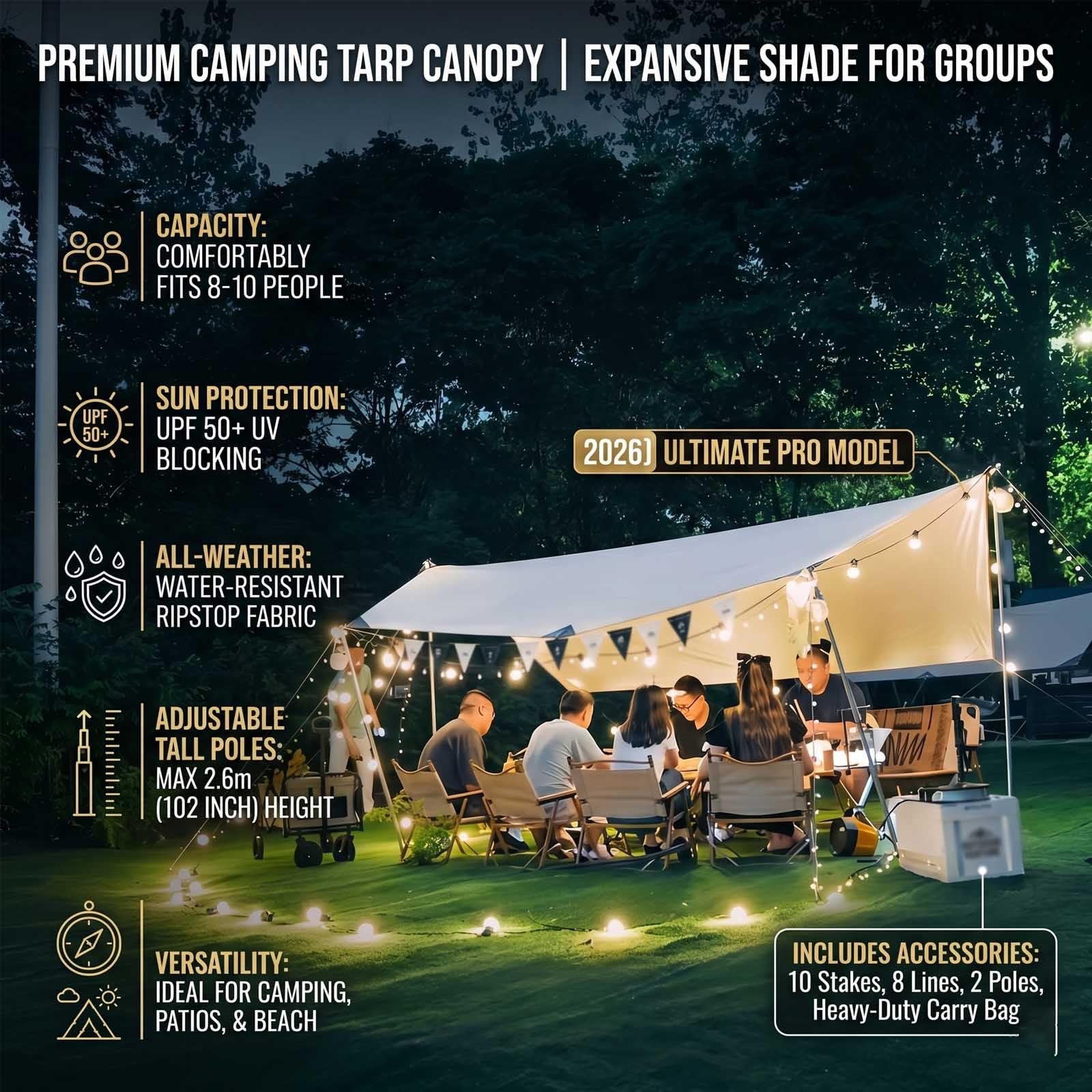 Tende Parasole Mare, Tarp Esterno Impermeabile, 4.4x4.5/4.4x5.6m Telo Campeggio Portatile Antipioggia Per Trekking E Protezione Solare Con 2 Pali(Gold,560x440cm)