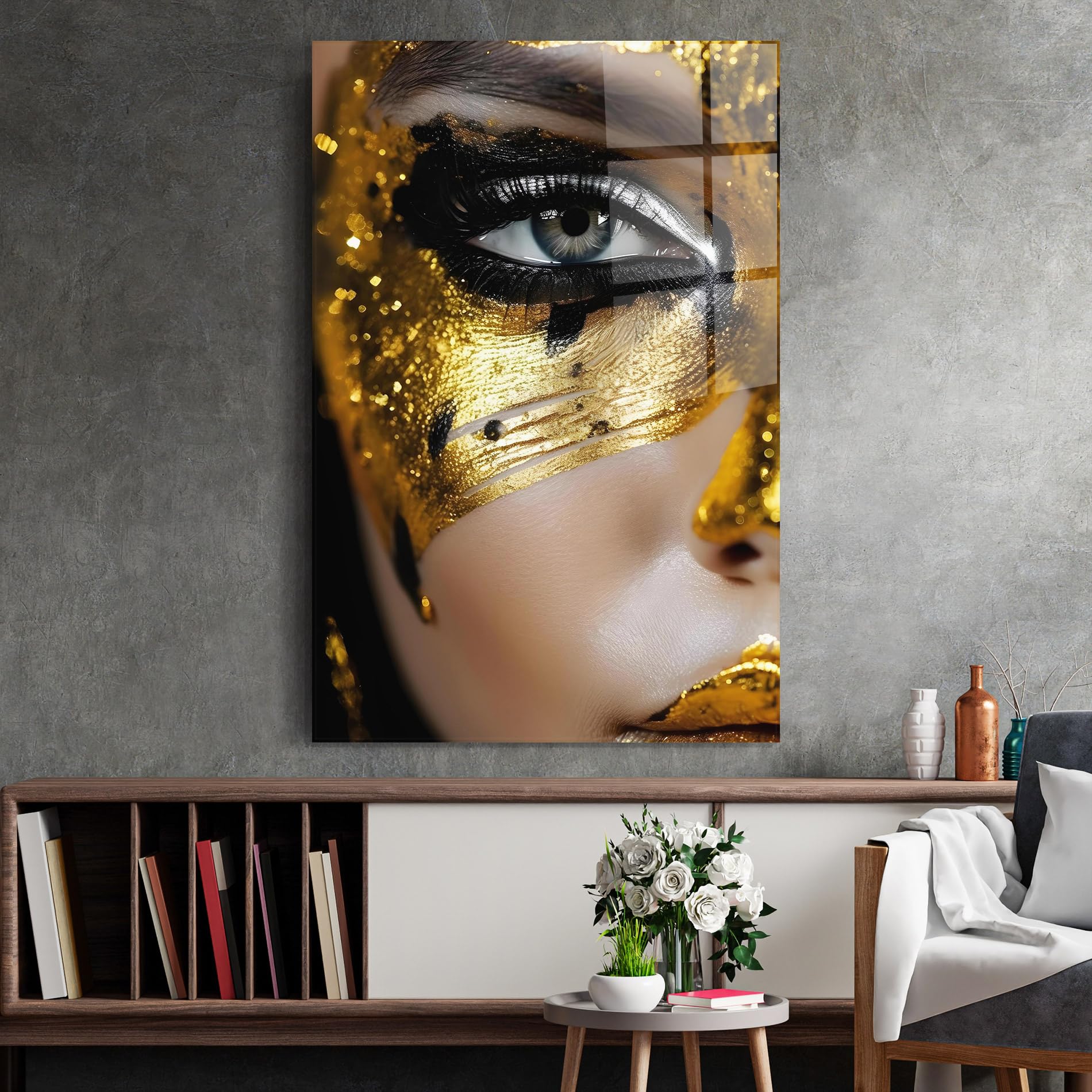 ARTHUB® Moderne impression sur verre 60x80 cm, 4mm verre trempé | Tableau en verre salon et chambre, Décoration murale moderne, Décoration intérieure, femmes, Black Gold Eyeliner
