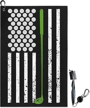 American Flag Golf Towel and Brush Set, Microfiber Waffle Golf Bag Towel with Clip, Golf Cleaning Kit Gifts for Men and Women, Funny Golf Accessories for Golf Fan, Golfers Golf Lovers Retirement Gift
