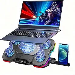 Base Cooler Notebook com 5 Ventiladores de Alta Performance até 2.600 RPM,10 Modos RGB,5 Níveis de Ângulo Ajustável para Laptops 9-17 Polegadas - Suporte com Cooler Universal,Resfriamento Silencioso