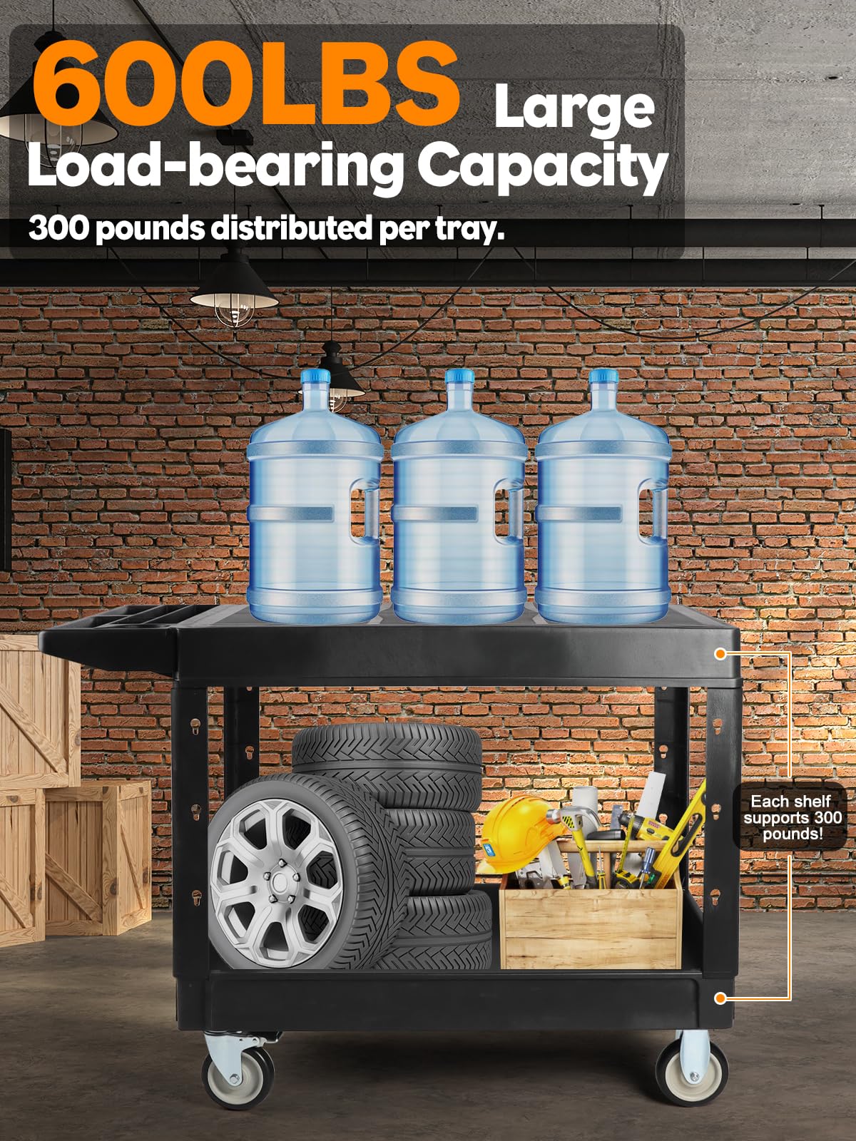 Kalolary 600 Livres 2 Niveaux Chariot Utilitaire Robuste sur roulettes | Capacité Supplémentaire Grand Chariot Service Polyvalent Avec Poignée Organisateur Rangement Chariot Outils Mobile Entrepôt