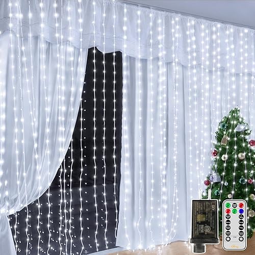 Miniatura 11 de Ollny - Tira de luces de cortina LED de 300 luces 3 m x 3 m, luces de Navidad impermeables IP67 para exteriores con control remoto, luces de hadas