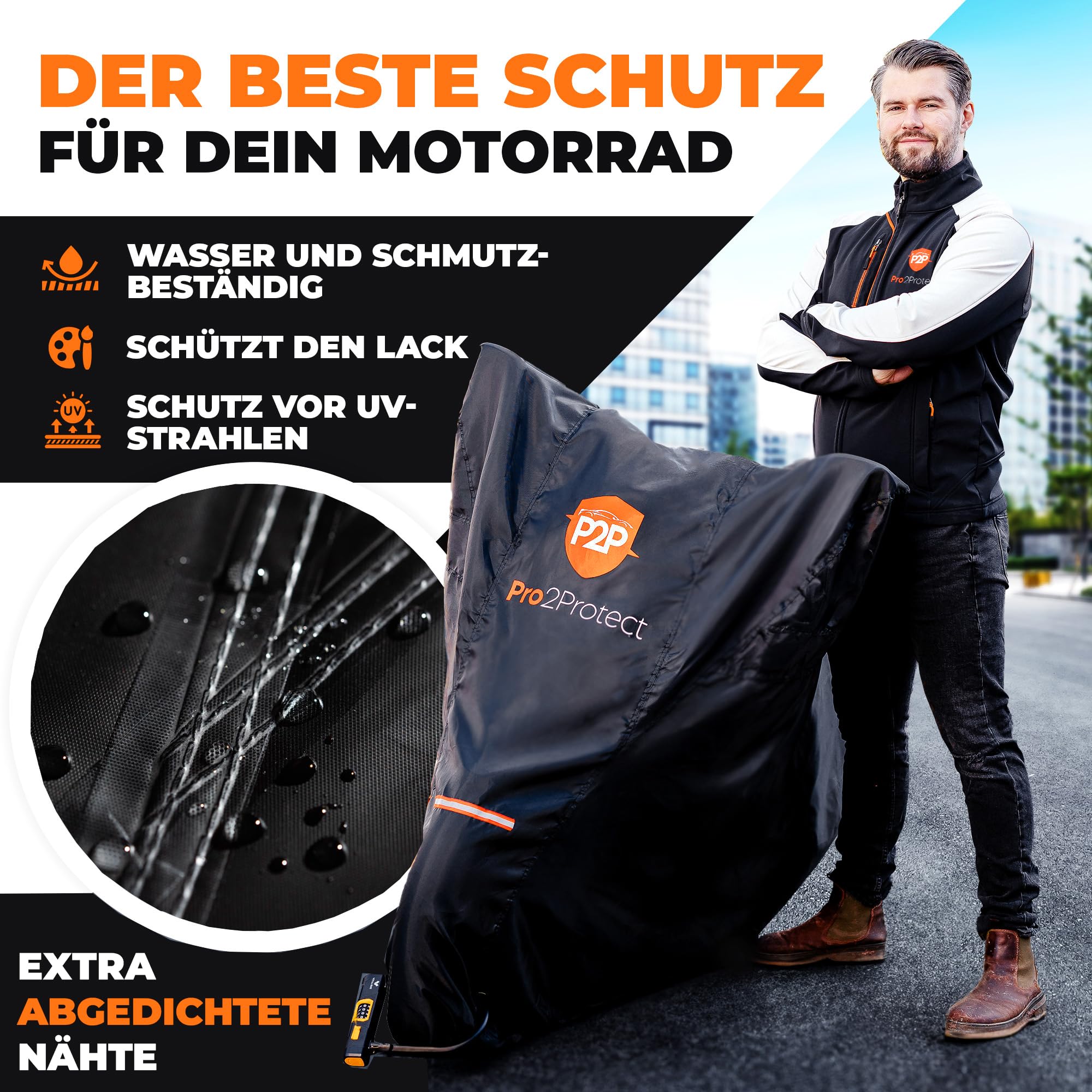 [ Test SEHR GUT ] Pro2Protect® Motorrad Abdeckplane SCHWARZ ORANGE wetterfest Outdoor Plane für Moped Roller Vespa Motorroller, 100% WASSERDICHT Garage Motorräder Abdeckung Motorradabdeckung Zubehör - 3