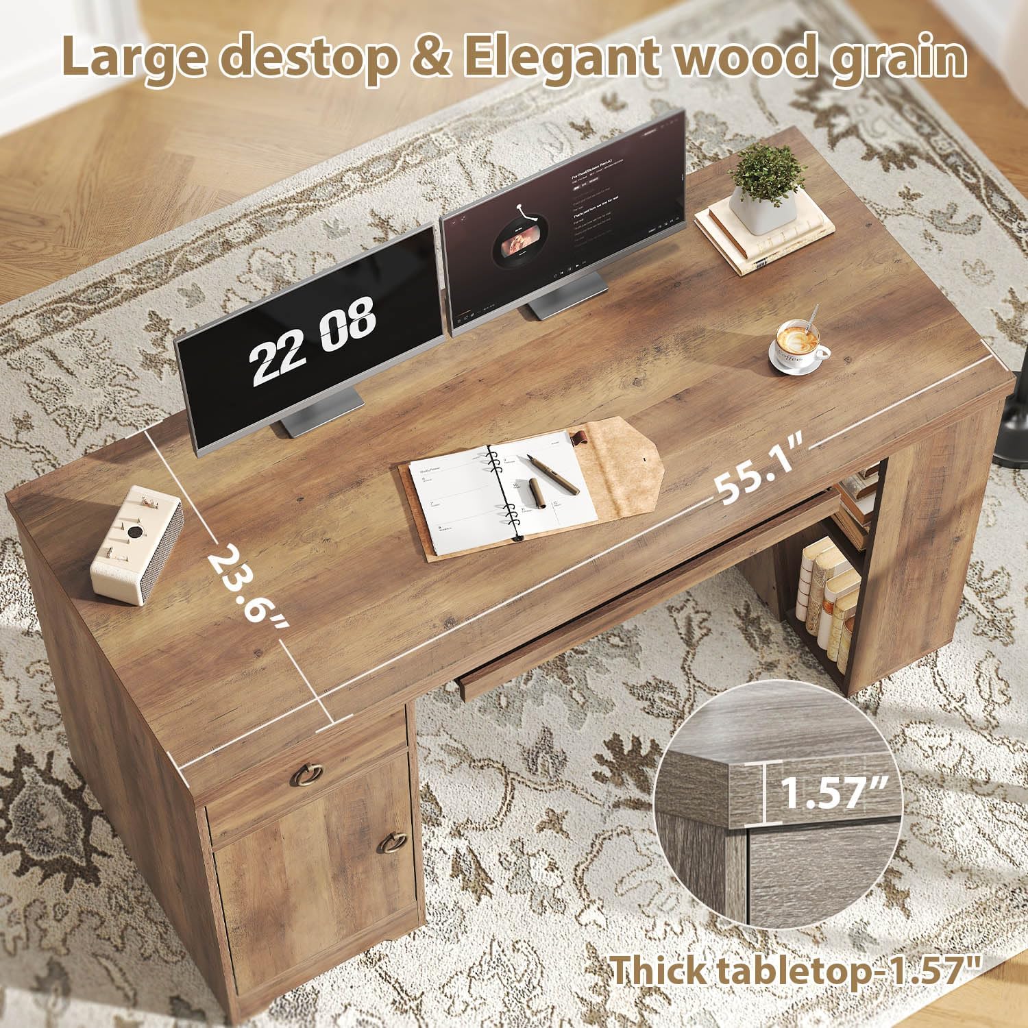 HSH 55" Executive Computer Desk,Farmhouse Home Office Desk with Storage Drawers and Keyboard Tray, Rustic Wood Work Study Writing Pc Table Studio Desks Wooden Workstation with Shelves and Cabinet