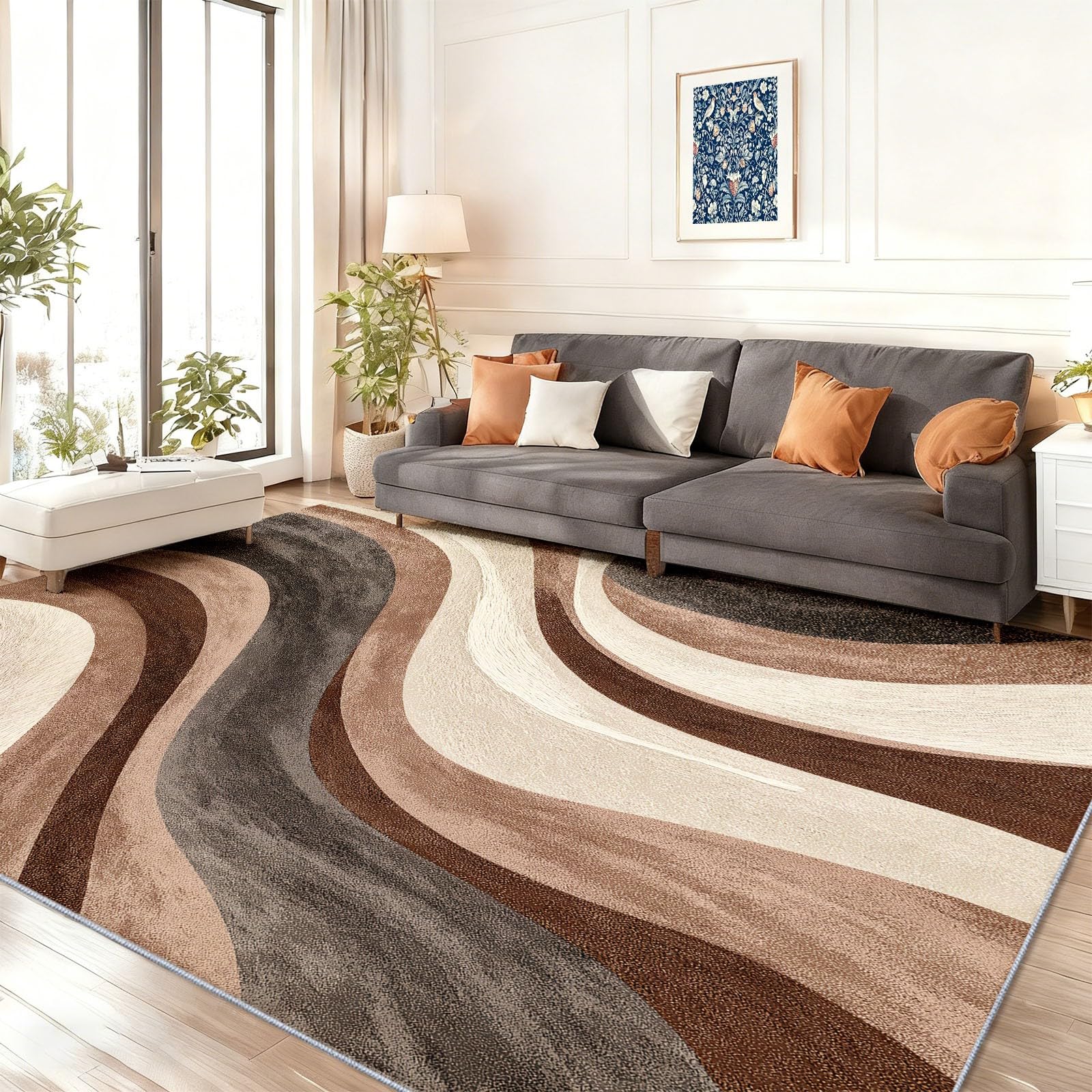 Tapis Salon 120 x 180 cm, Marron Moquette Ras Imprimé Moderne Abstrait Élégant Rayures, Moquette Lavable en Machine Antidérapant, Tapis Doux en Fausse Laine pour Chambre d'enfant