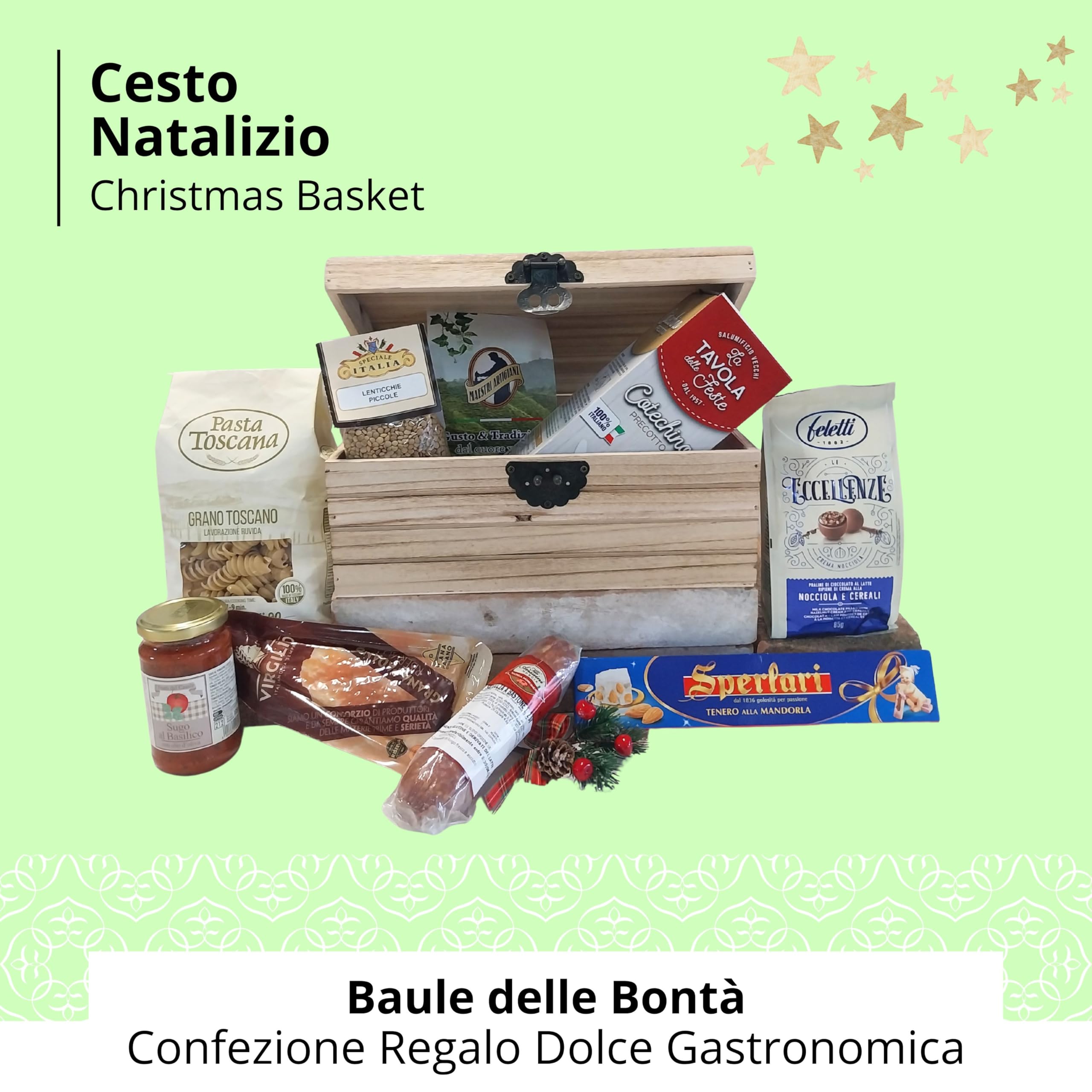 Cesti Natalizi Speciale Italia - Confezione Regalo Natale Baule delle Bontà, Cesto Natalizio Gastronomico con Prodotti Alimentari e Bauletto in Legno, 7 pezzi