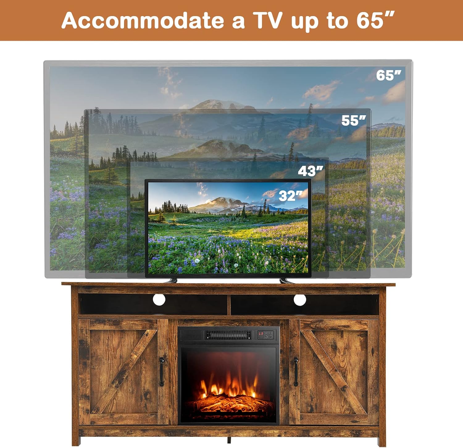 Tangkula TV Stand with 18 Inches Fireplace Insert, 58 Inches Fireplace TV Stand for TVs up to 65 Inches, 5,000 BTU Electric Fireplace with 3-Level Adjustable Flame, Remote Control and Timer (Brown)