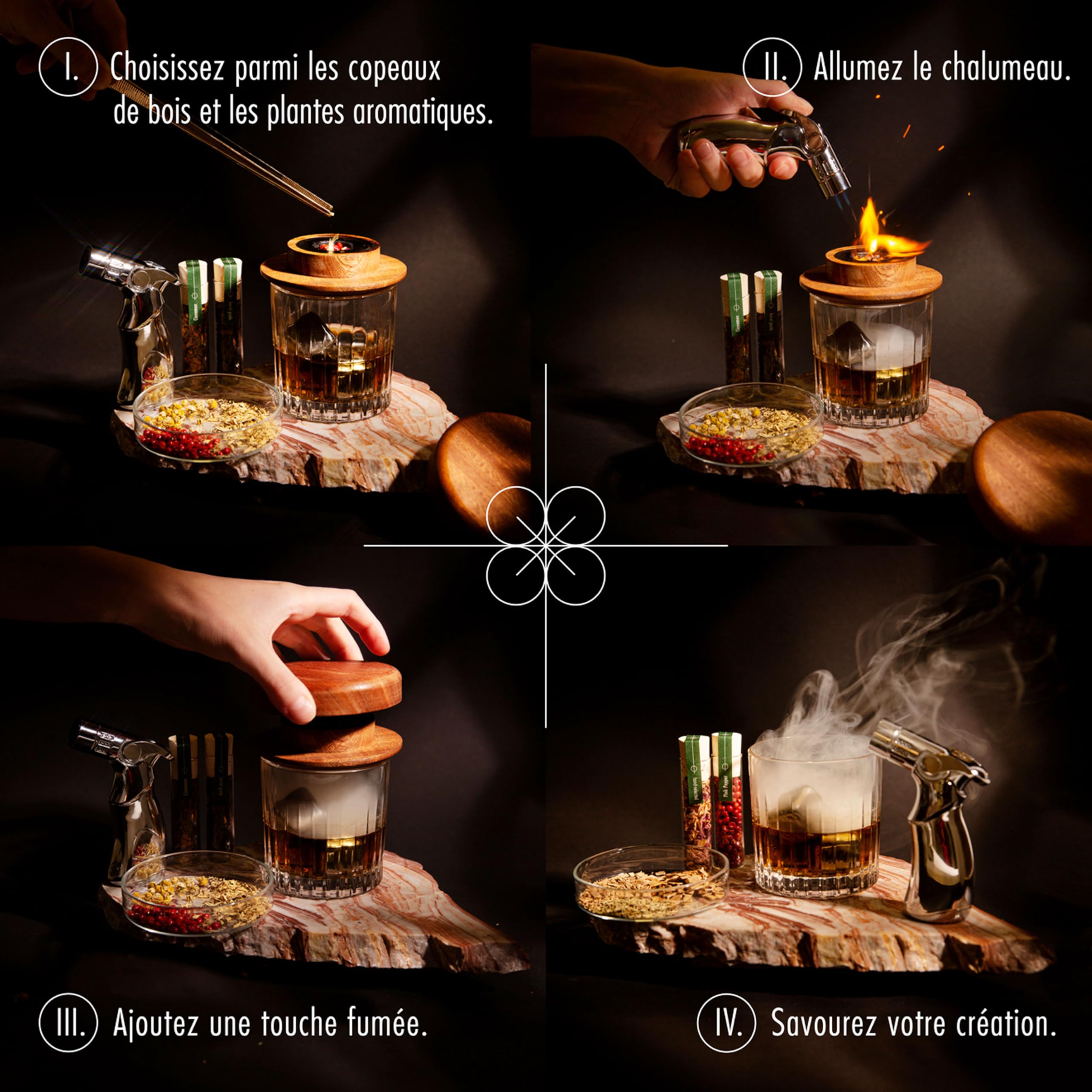 Kit DIY de Fumage pour Whisky et Bourbon | Arômes boisés et épicés naturels | Inclus : 6 copeaux de Bois, 6 Plantes botaniques, 2 Verres, Pierres à Whisky, Torche et cheminée
