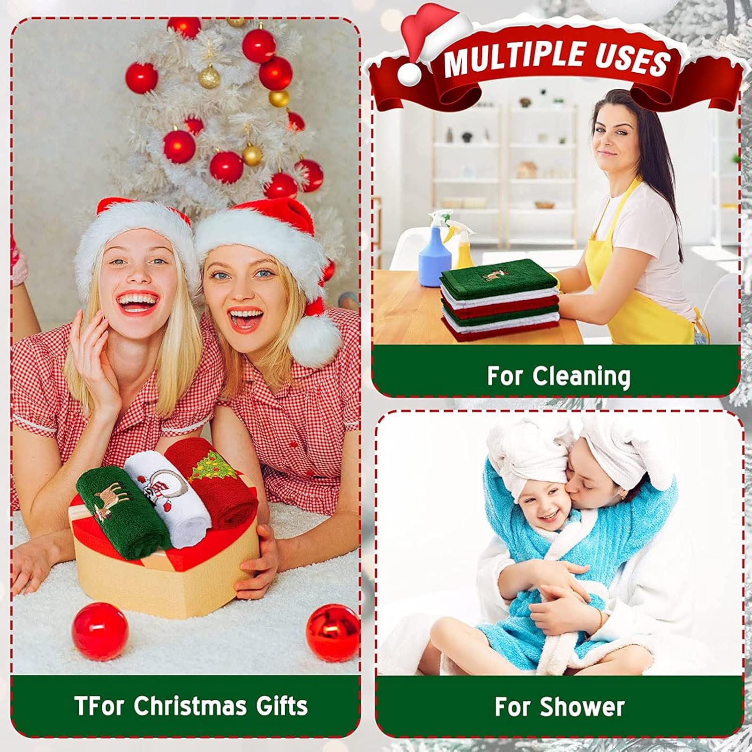 Tatuo 6 Pieces Christmas Bathroom Towel Santa Reindeer Snowman Cotton Decorative Hand Towels Fabric Christmas Cotton Embroidered Hand Towels for Kitchen Bathroom Home Cleaning (Classic Style) - Image 6