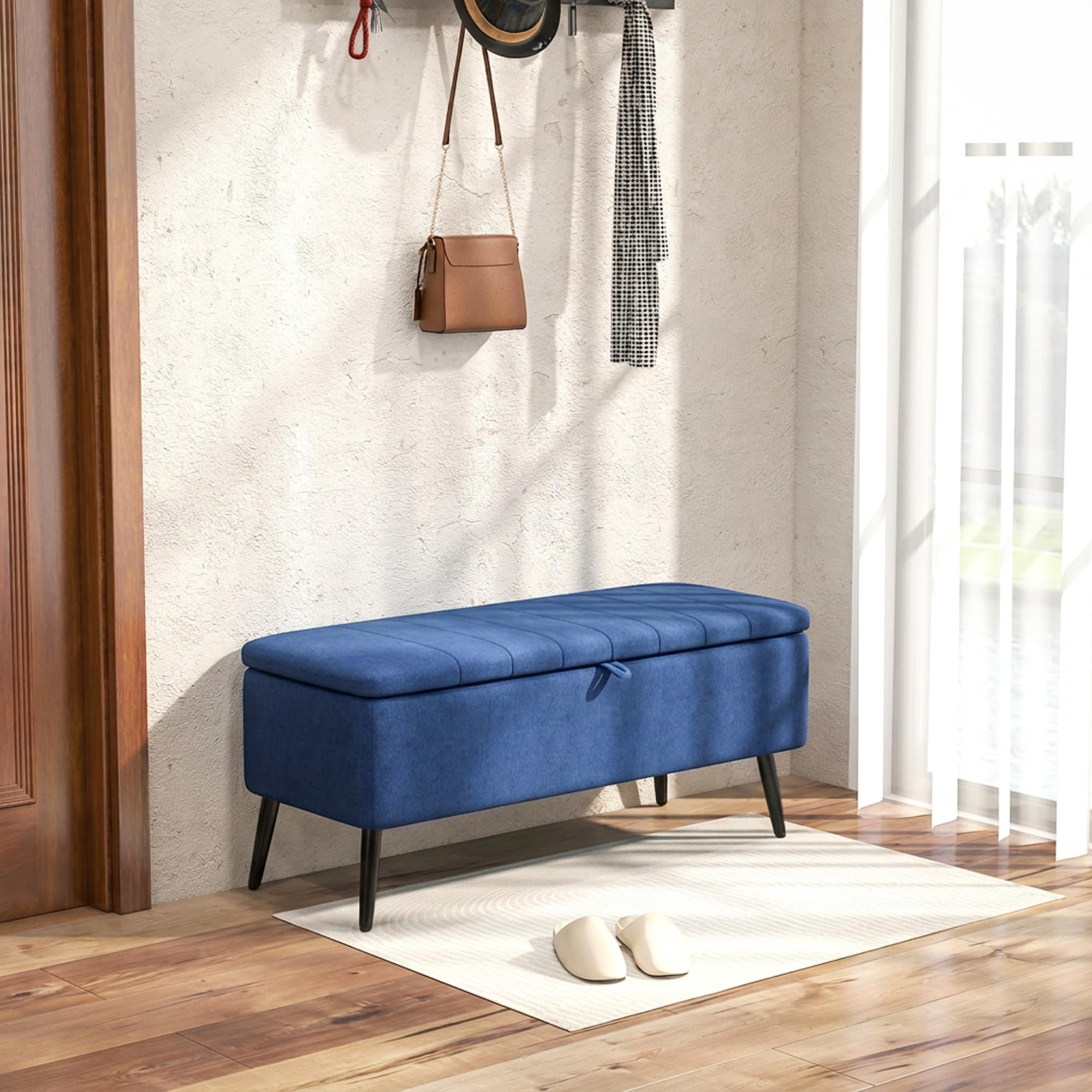 HOMCOM Panca Contenitore Rettangolare con Seduta Imbottita e Gambe in Acciaio, Pouf Poggiapiedi in Tessuto Effetto Lino per Camera da Letto e Soggiorno, 102x40x44 cm, Blu Scuro