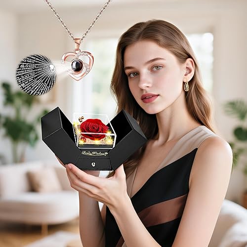 Miniatura 10 de Flor de rosa azul preservada iluminada con collar, regalos de cumpleaños para mujeres, regalos de rosa de Navidad para su madre, esposa, abuela,