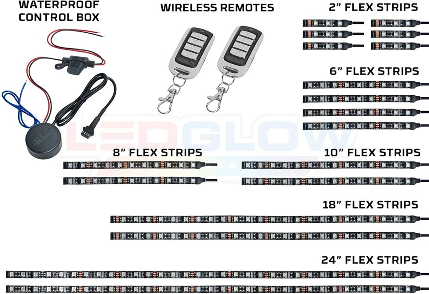 LEDGlow 18pc Advanced Million Color LED Motorcycle Accent Underlow Light Kit - 15 Solid Colors - 6 Patterns - Multi-Color Flexible Strips - Includes Waterproof Control Box & 2 Wireless Remotes