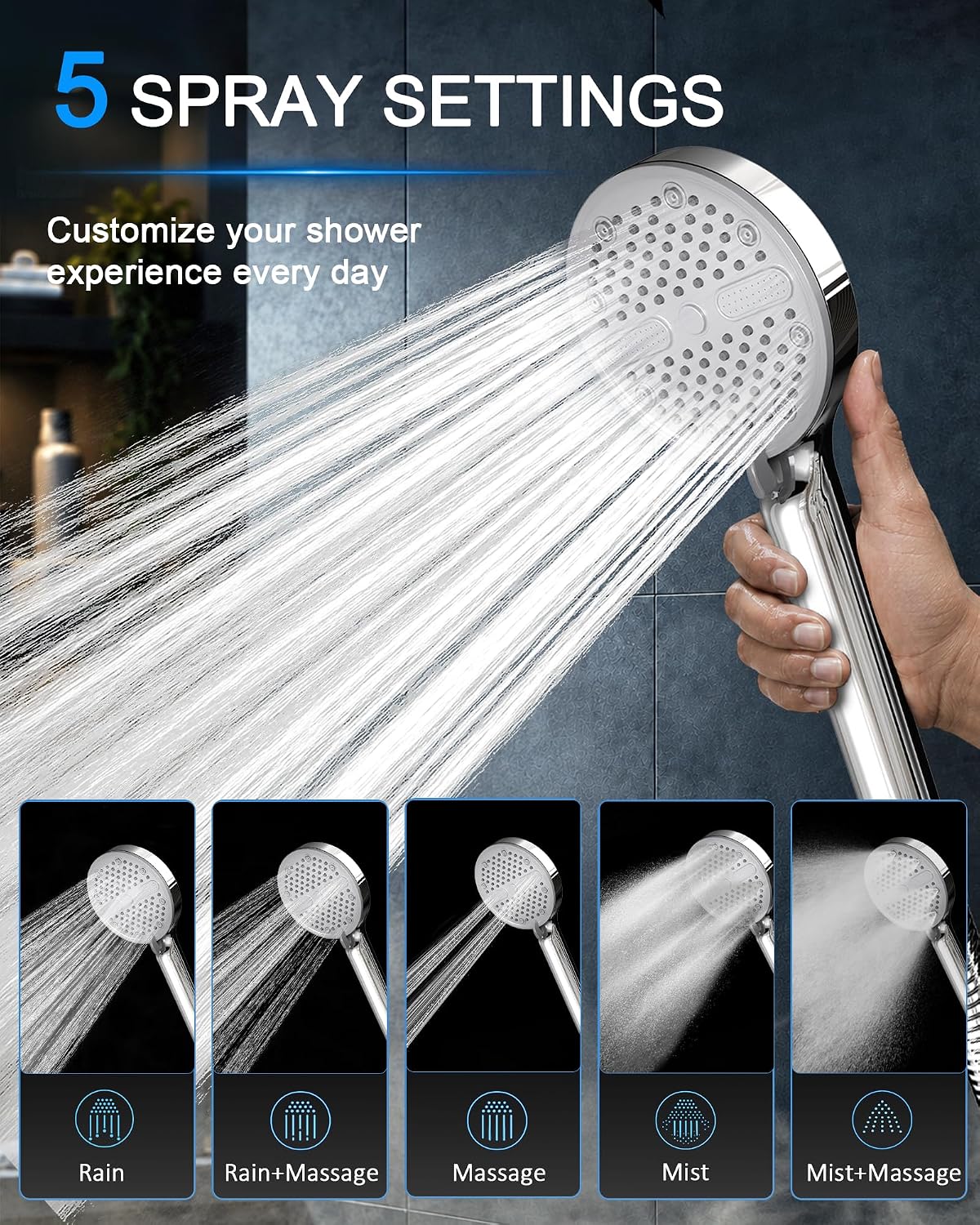 High Pressure Shower Head, Stick-on Low Mount Wall Bracket, Chrome | 5 Spray Modes, Water-Saving, 360° Adjustable Bracket, For Low Water Pressure Home, RV, Bathroom, Fix Firmly Kid-Friendly
