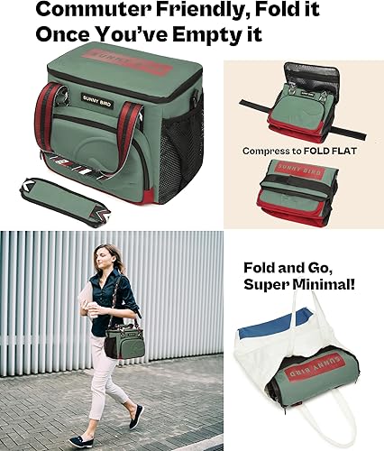 Miniatura 2 de SUNNY BIRD Lonchera térmica grande de 12 litros, caja enfriadora plegable para mujeres, adultos y hombres, se adapta a 18 latas (verde con correa