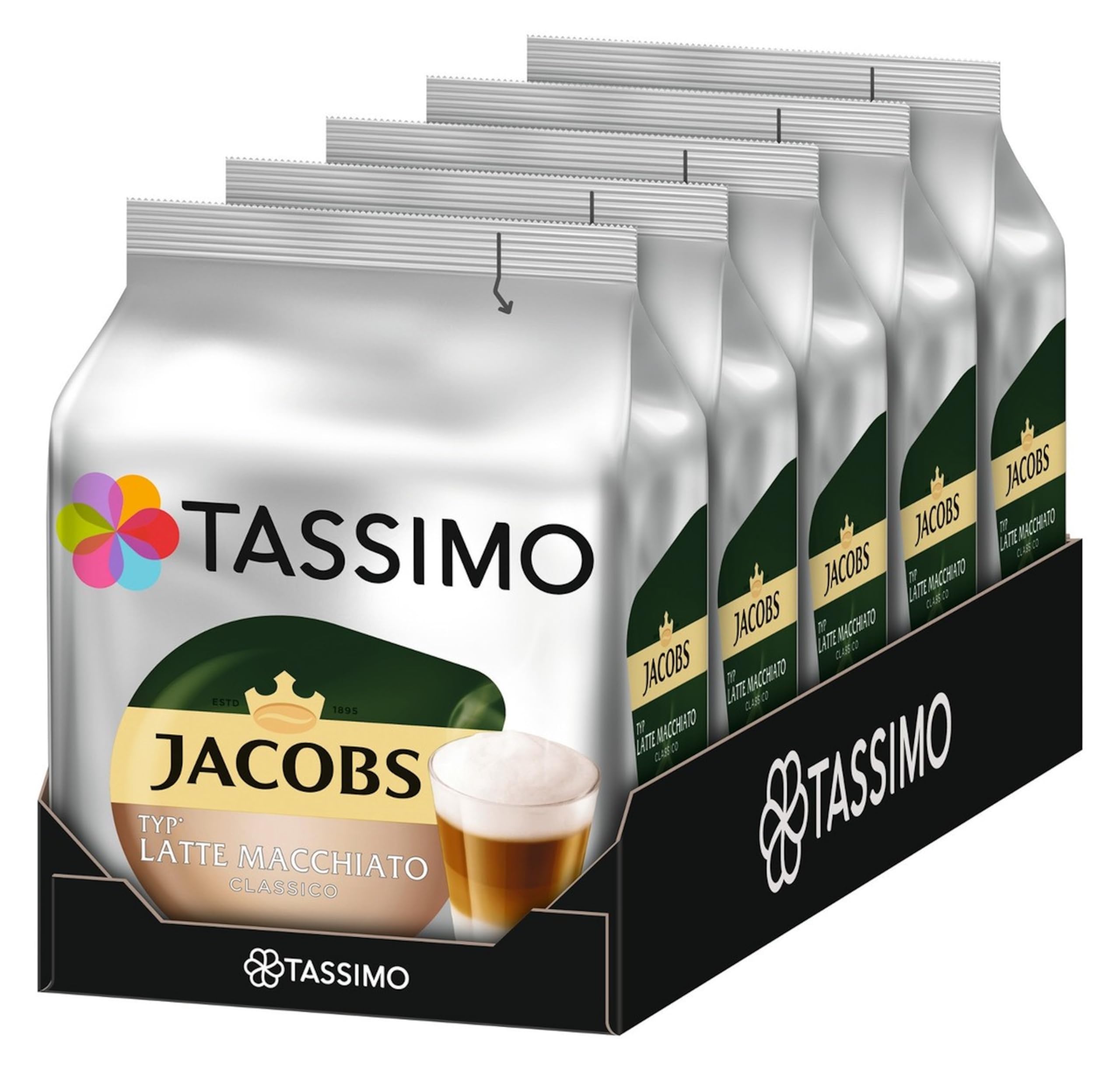 Tassimo Jacobs Latte Macchiato, Rainforest Alliance Certified, Pack of 5, 5 x 16 T-Discs (8 Servings)