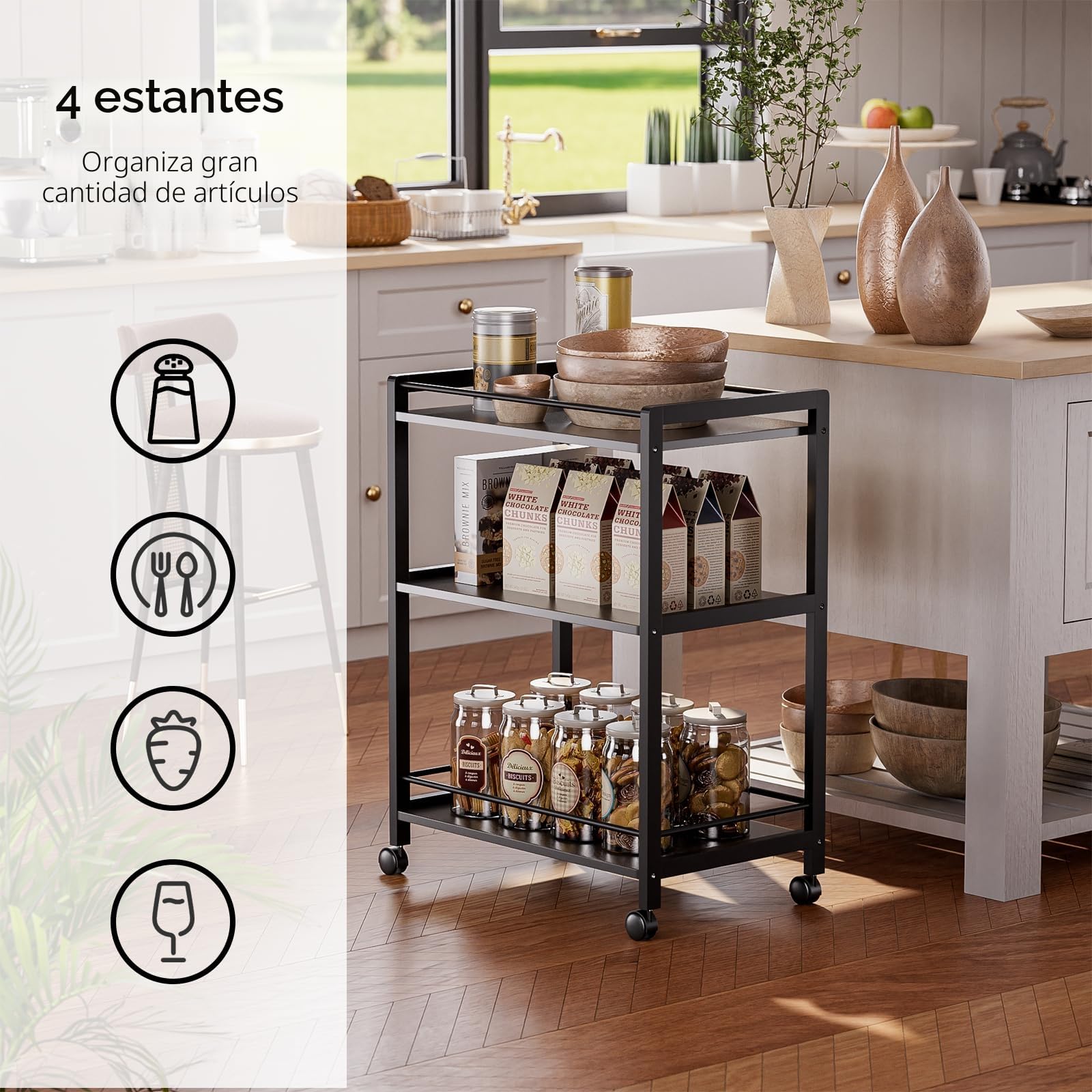 HITNET Carrito de Bar, Carro Bebidas de 3 Niveles, Carrito Auxiliar de Servicio con Ruedas, Ideal para Cocina, Baño y Oficina, Color Negro