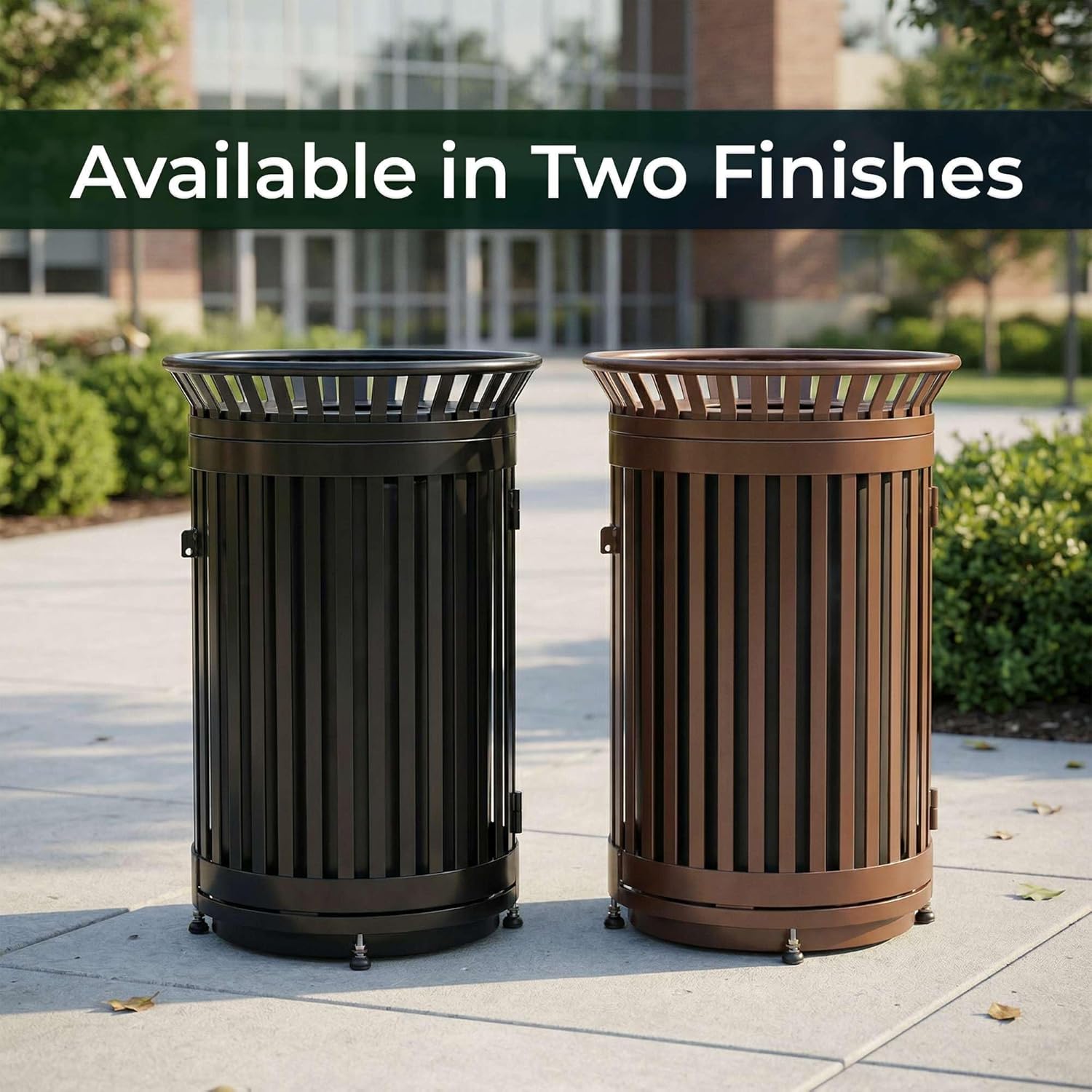 45 Gallon Commercial Heavy-Duty Trash Can - Black Outdoor Steel Slatted Waste Receptacle with Flat Lid, Front Access Door, and Rigid Plastic Liner, Round Bin for Parks, Schools, and Municipalities
