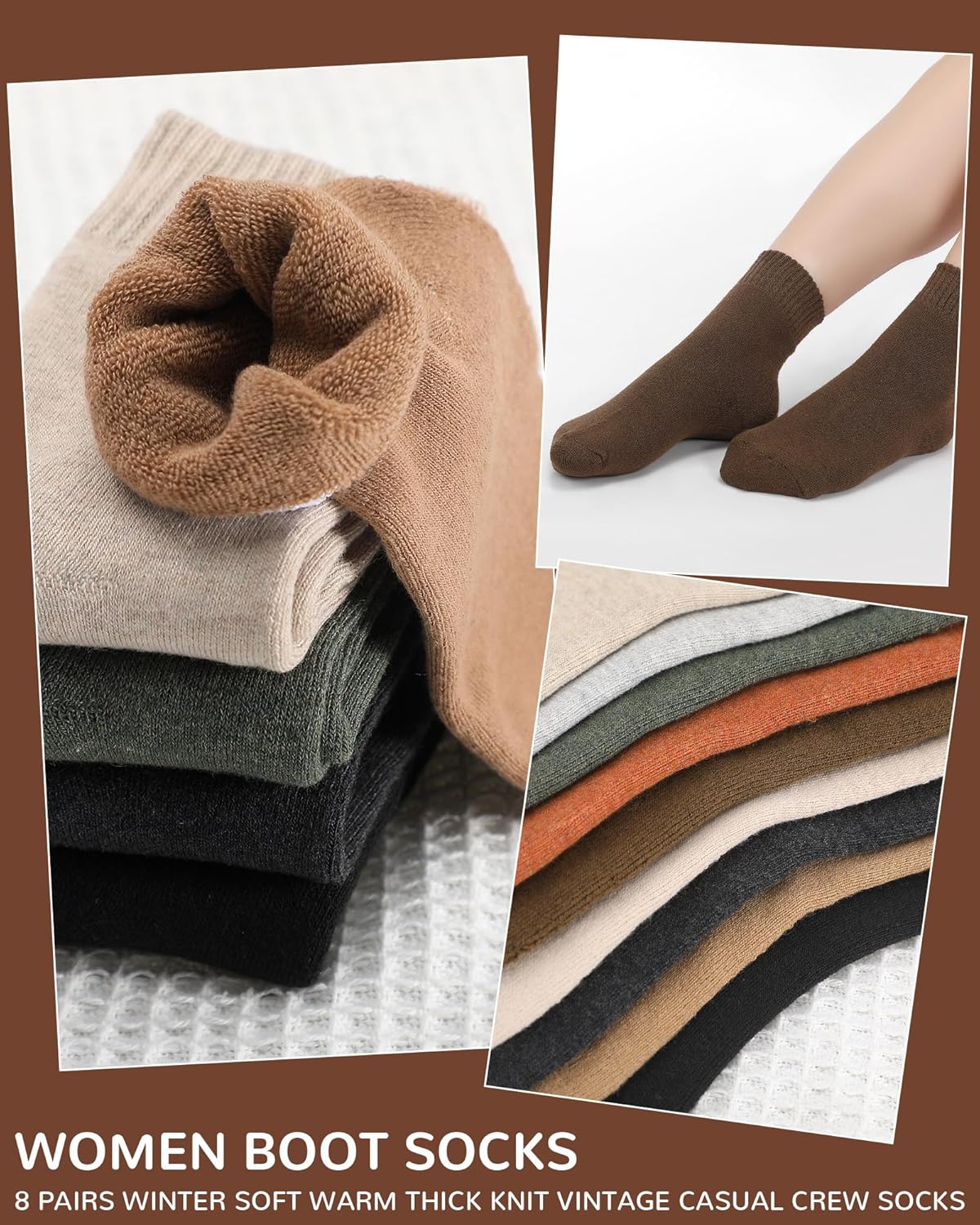 Chuarry 8 Pairs Fall Winter Thermal Crew Sock for Women Warm Mini Crew Socks Soft Cozy Thick Bootie Socks Neutral Aesthetic Stocking Thermal Gifts for Cold Weather - Image 6