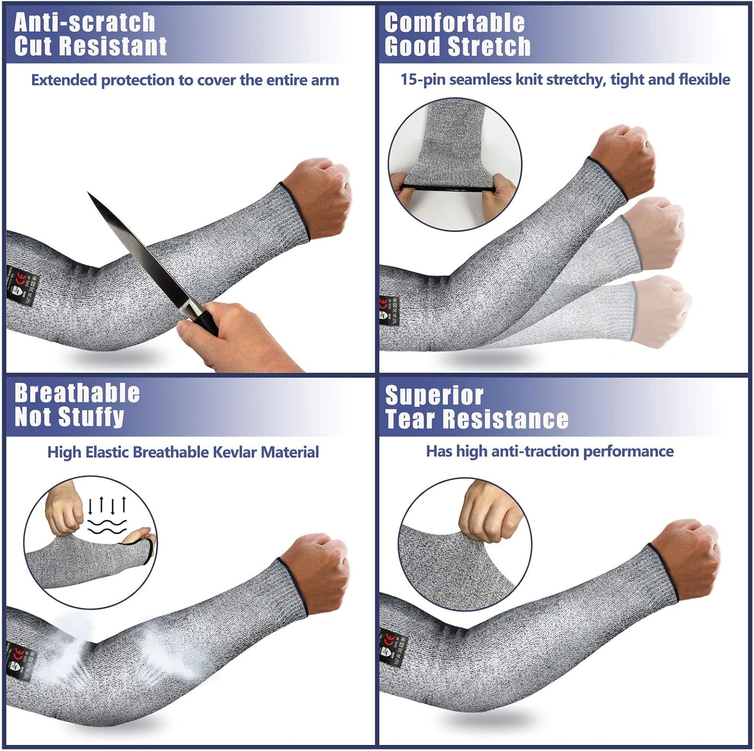 Evridwear 1 Pr/Pack Cut Resistant Sleeves for Arm Work Protection Safety in EN388 Level 5, Anti-Puncture Choice With or Without Thumb Hole. 1 pair/pkg. 4 sizes (Medium, No Thumb Hole) - - 