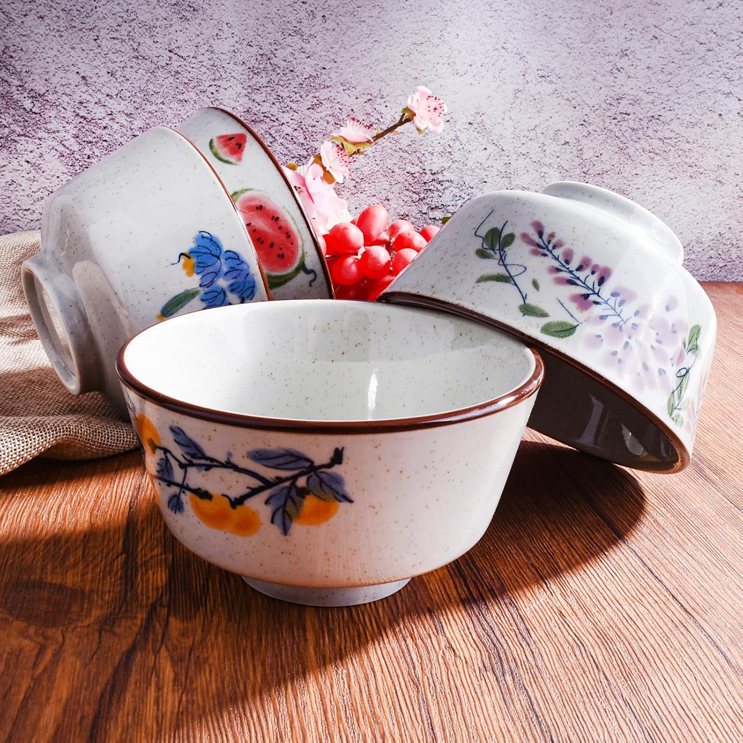 Ceramic Rice Bowl Set of 4, 5'' Dessert Bowls with Fruit and Floral Motifs